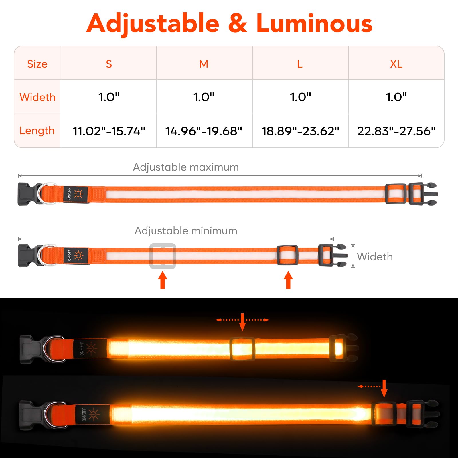 VIZPET Collar de perro LED recargable por USB, 100% impermeable, ajustable, con luz súper brillante, luz de seguridad, collares brillantes para perros (mediano [38-50 cm), naranja)