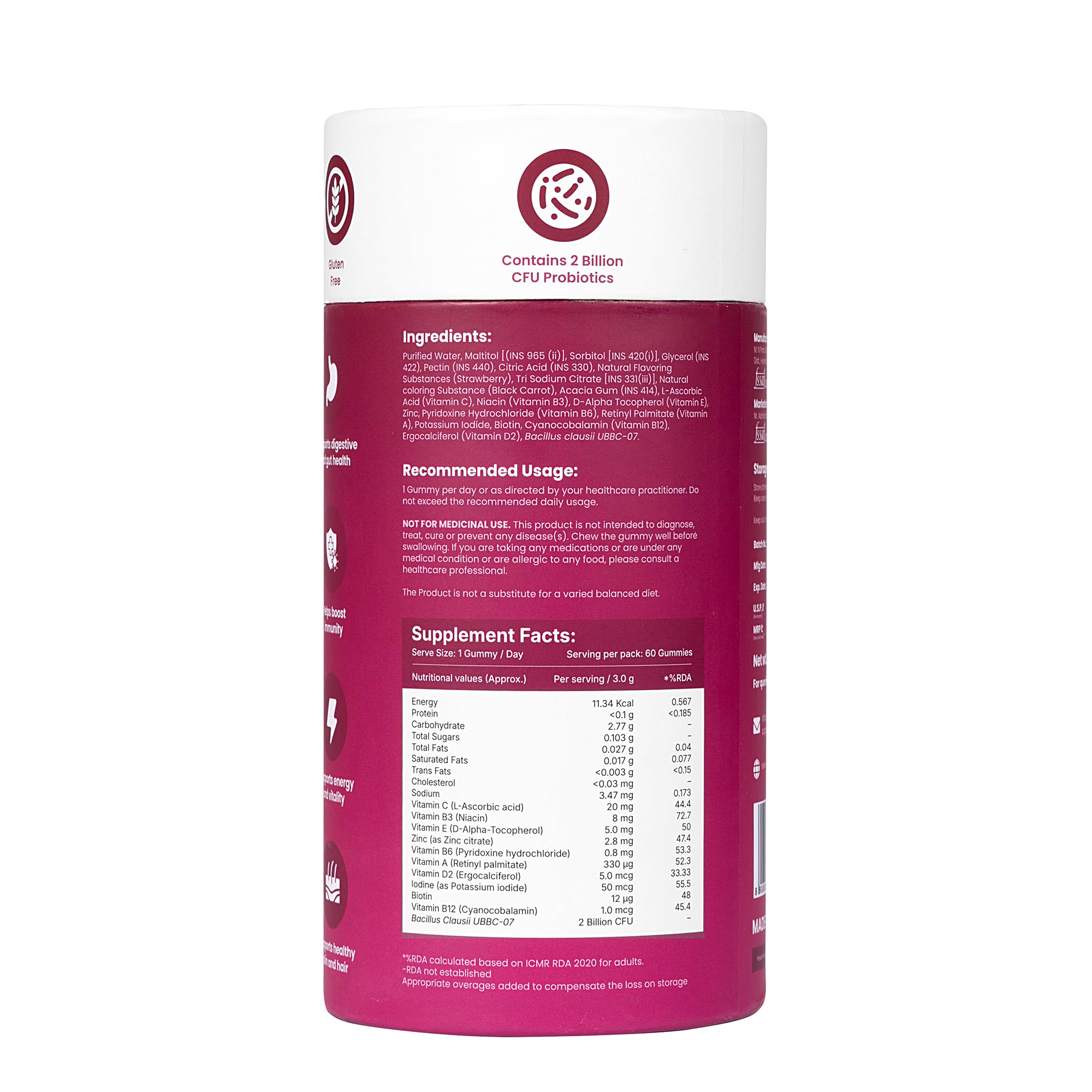 Multivitamins + Probiotic Gummies for Adults | Strawberry Flavour | No Added Sugar | With Vitamins A, B3, B6, B12, C, D2, E, Zinc, Biotin & Iodine | Bacillus clausii UBBC-07 | 60 Gummies | 180g — Amazon image 3