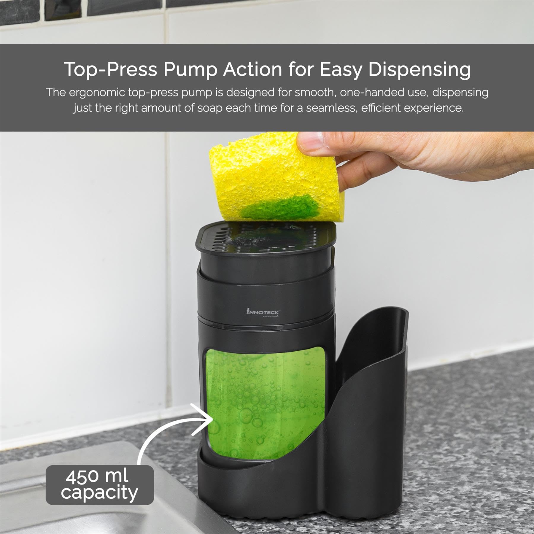 Innoteck Kitchen Sink Organiser with 3-in-1 Soap Dispenser, Sponge Holder & Sink Caddy, Dual Dish Soap & Hand Wash Dispenser - Image 4