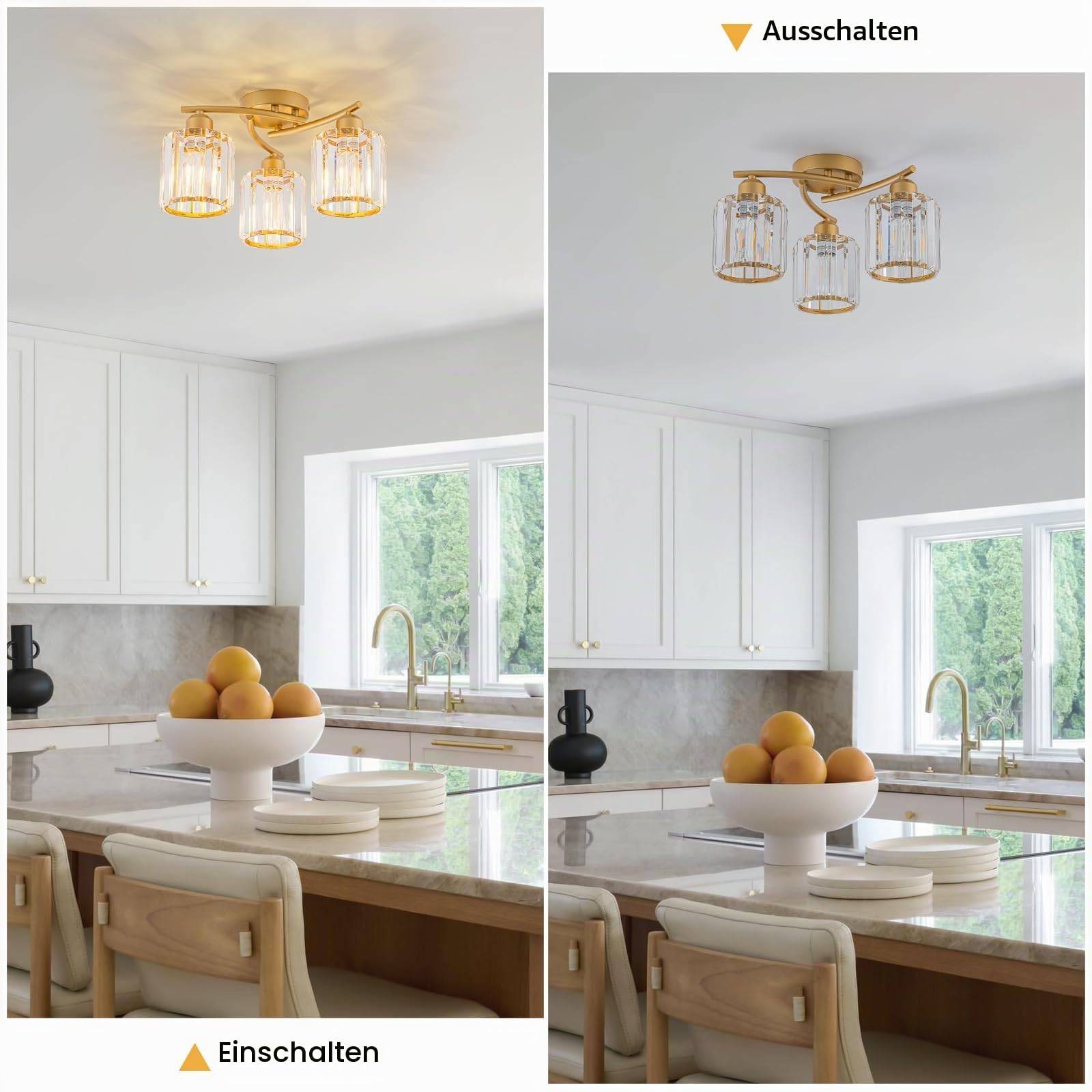 Deckenleuchte Kristall, 3 FlammigDeckenlampe mit Glas Lampenschirm, Gold