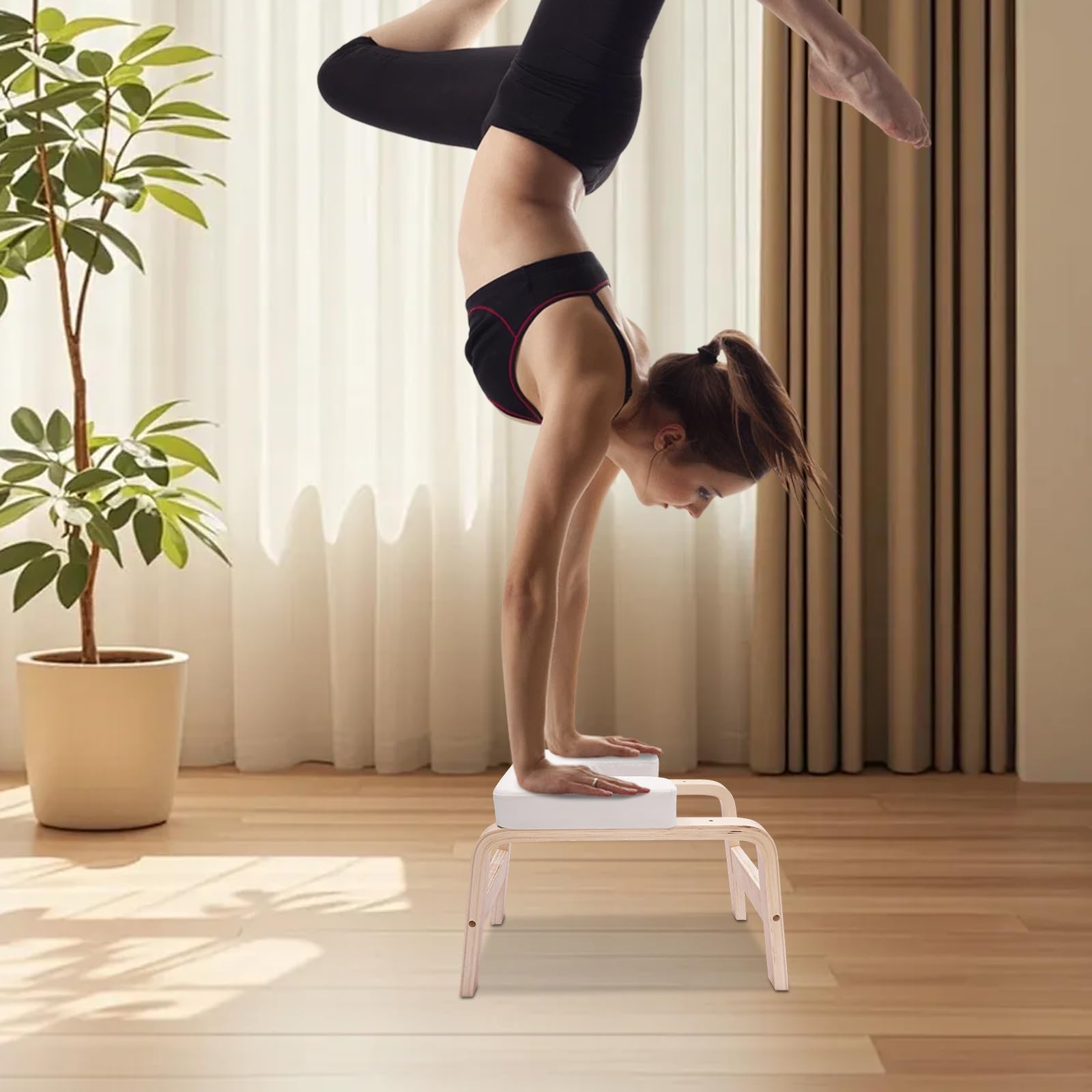 Tabouret de yoga Inversion Bank - Tabouret de yoga de qualité supérieure en bois massif (charge 200 kg), affiche d'exercice, tabouret pour débutant, appuie-tête pour maison, salle de gym, sûr et