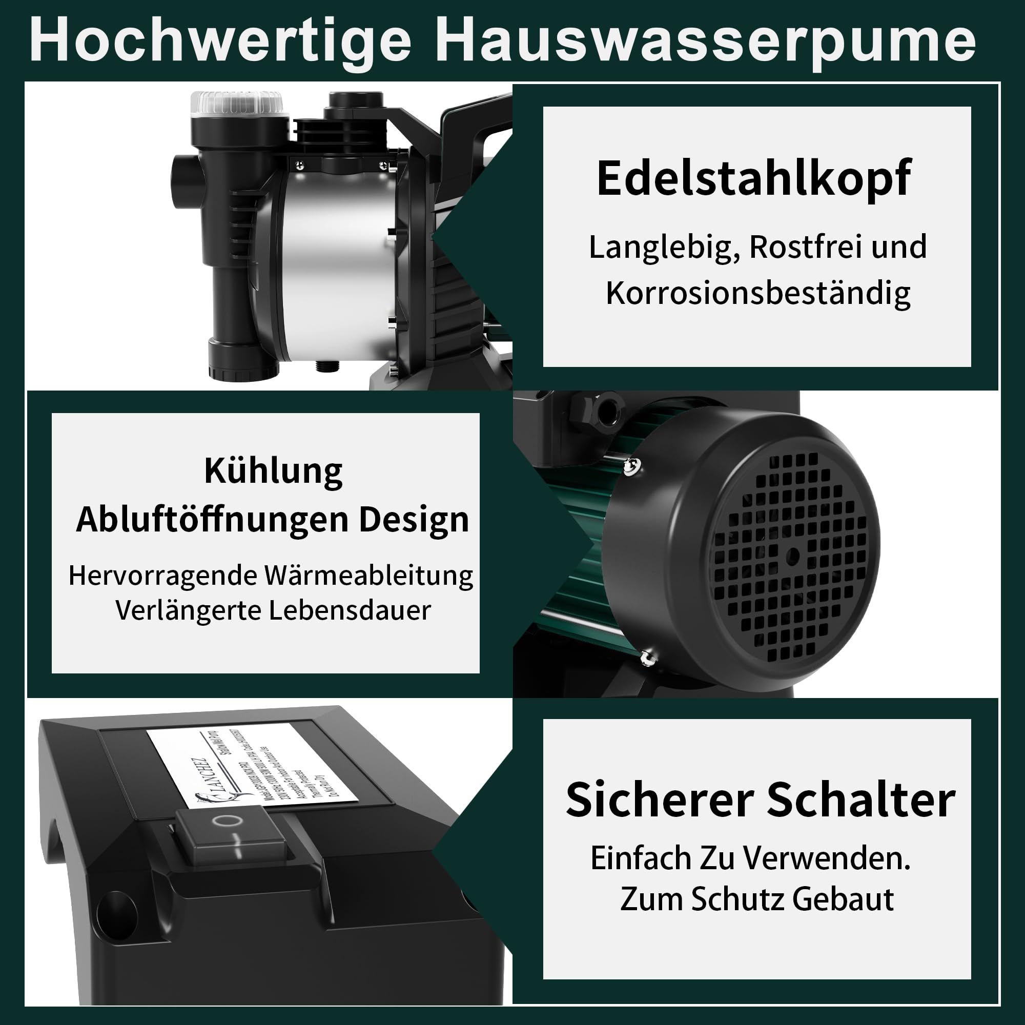 LANCHEZ Gartenpumpe 5000 l/h Fördermenge, Leistung 1300 W, Förderhöhe 50 m, Mit Filter, Wasseranschluss und Ablass, Ansaughöhe bis zu 7 m, Wasserpumpe für Regenfässer, Zisternen, Gartenteiche