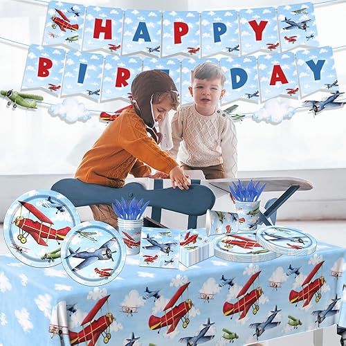 Miniatura 5 de 142 piezas de decoración de fiesta de cumpleaños de avión, suministros de vajilla para fiesta de avión, azul cielo blanco, platos desechables,