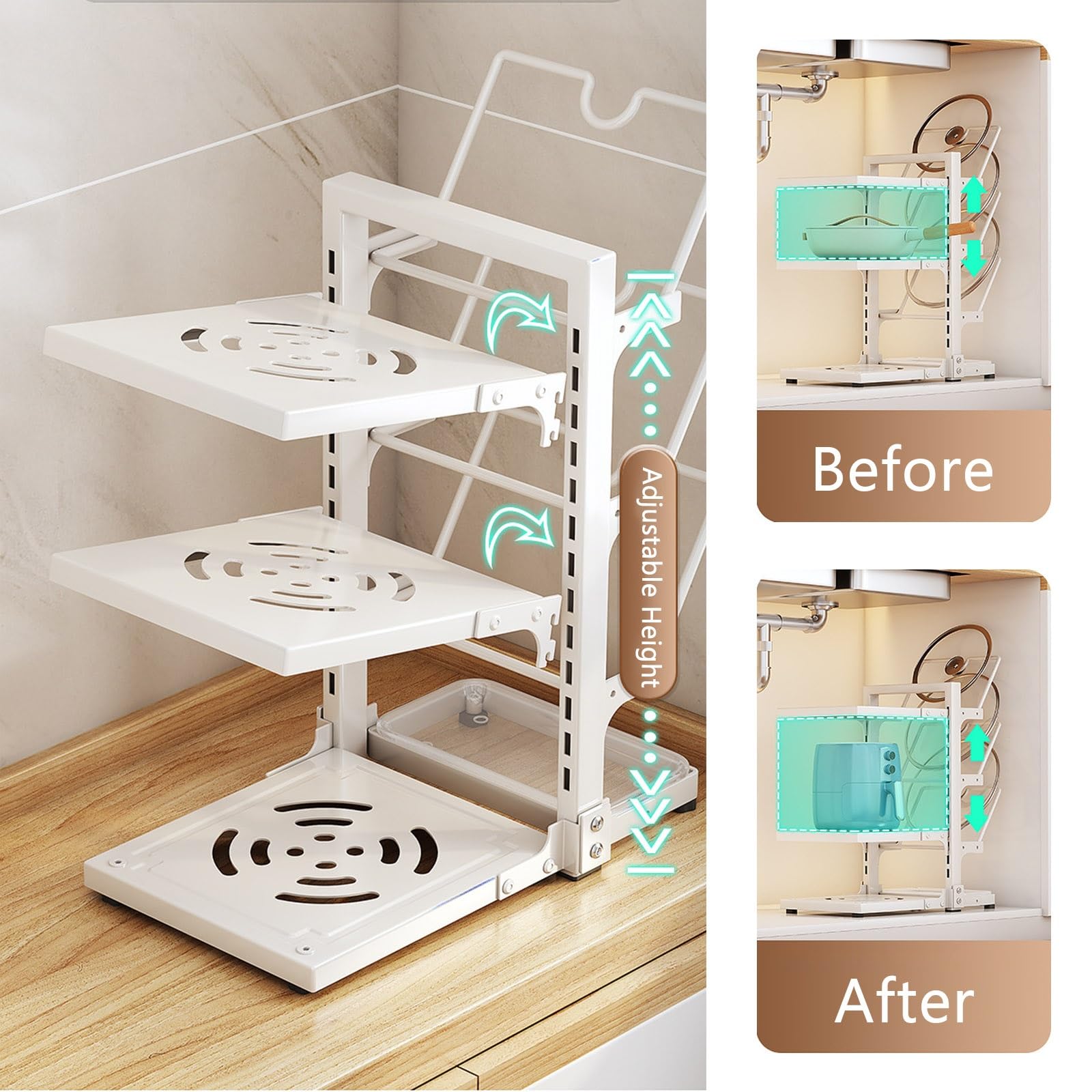 Estante organizador multifuncional ajustable para ollas y sartenes, estante para ollas de pie para gabinete, soportes para tapas de ollas con bandeja de drenaje, estante para ollas de hierro fundido