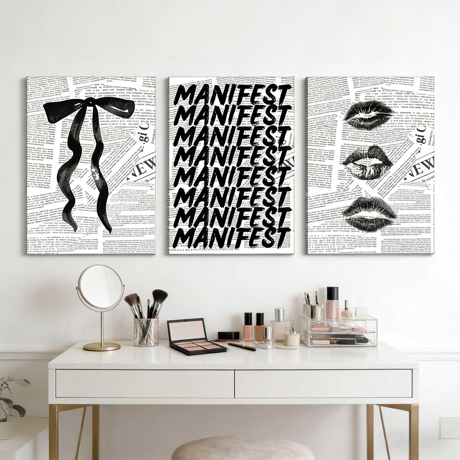 3Pcs Trendy Black and White Preppy Canvas Wall Art Retro Kiss Lips Bow and Manifest Pictures Wall Decor Funky Aesthetic Dark Coquette Posters Prints for Girly Apartment Dorm 16x24in