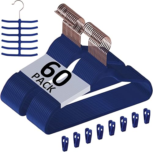 VECELO Perchas de terciopelo de alta calidad resistentes (paquete de 60), antideslizantes y ahorran espacio con 8 clips para los dedos y soporte