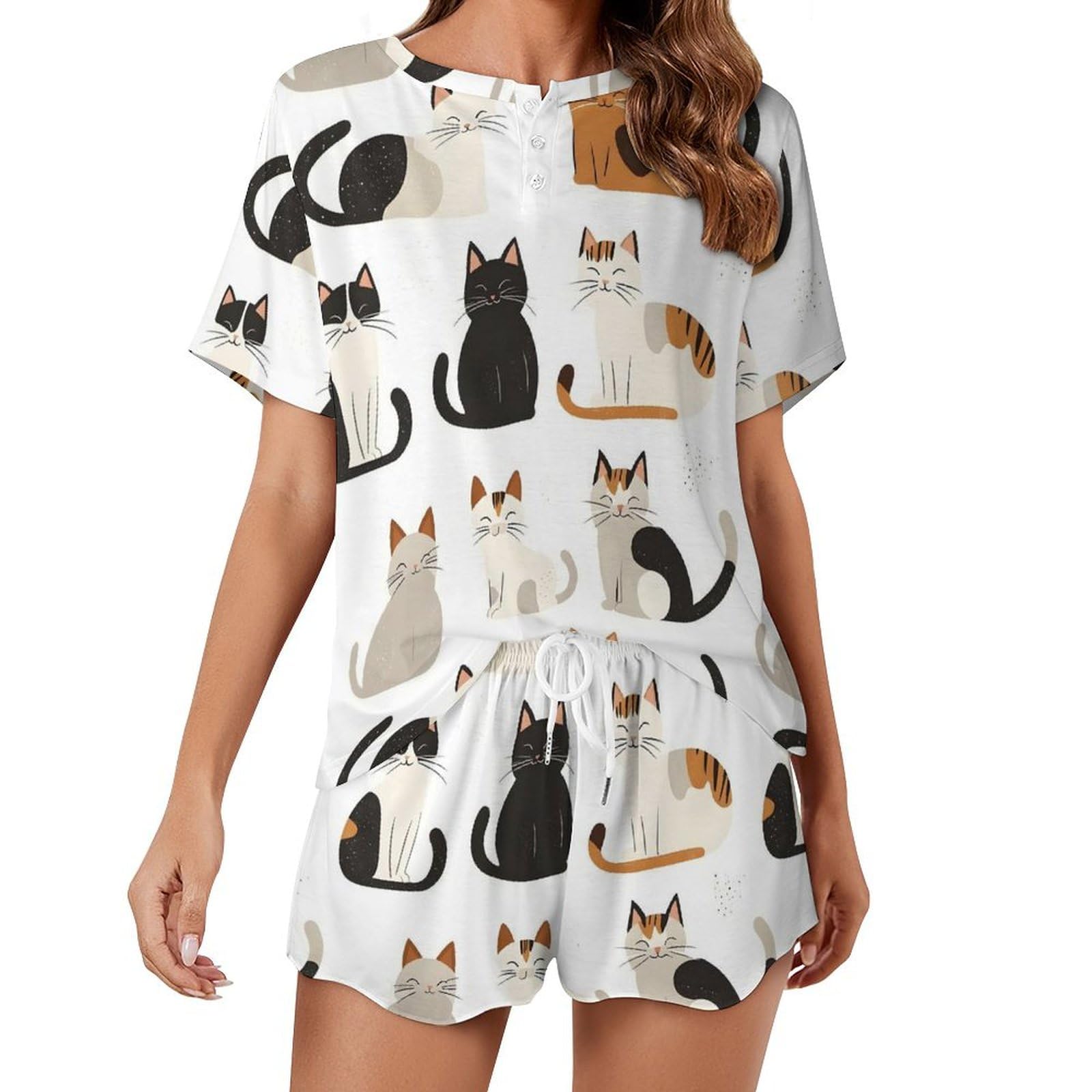 Ensemble pyjama été coton femme avec short imprimé chat pour le cocooning - 8