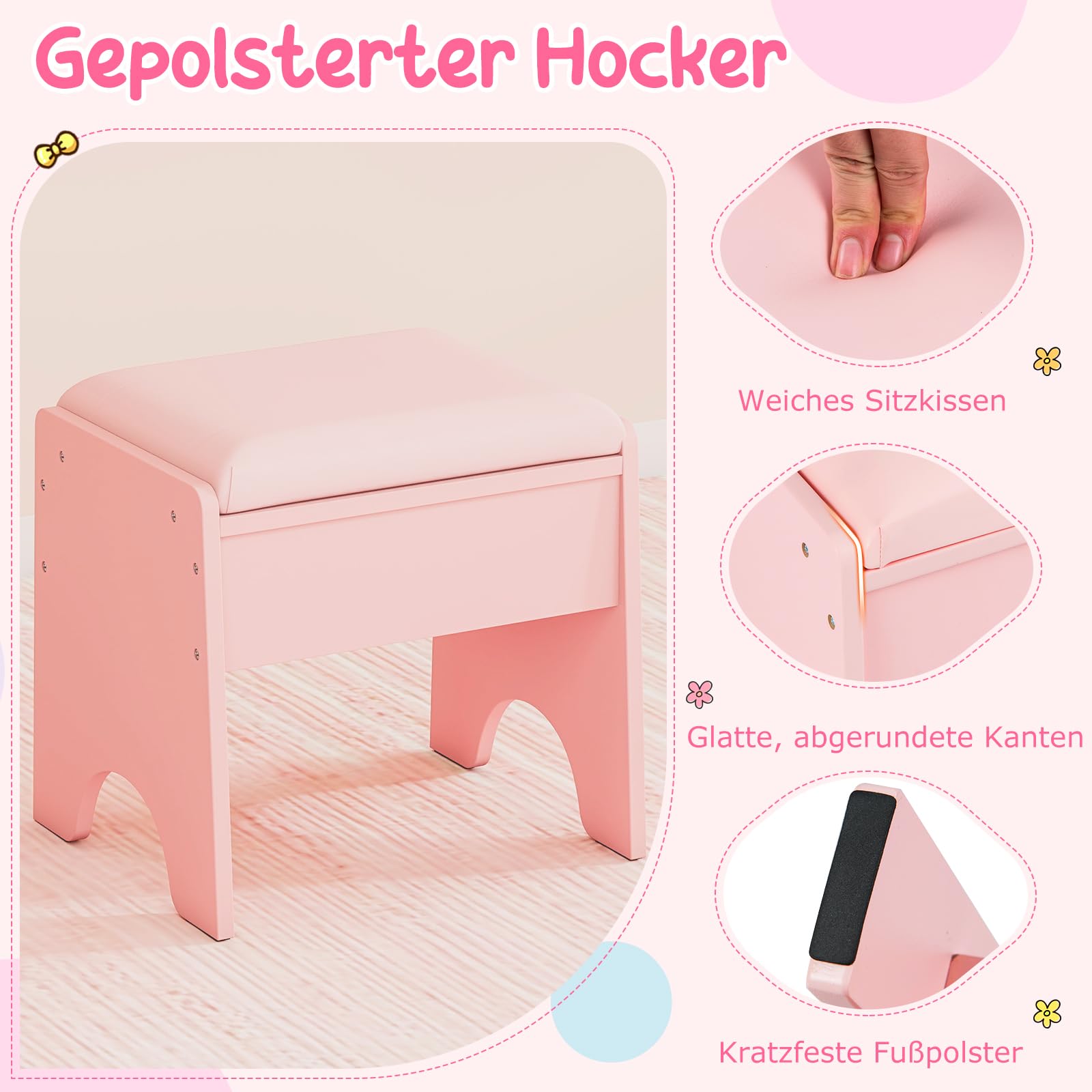 COSTWAY Kinder Schminktisch mit Beleuchtung, Kinderschminktisch mit Spiegel, Regalen & gepolstertem Hocker, Prinzessin Frisiertisch aus Holz, Schminkkommode für Mädchen ab 3 Jahren (Rosa)