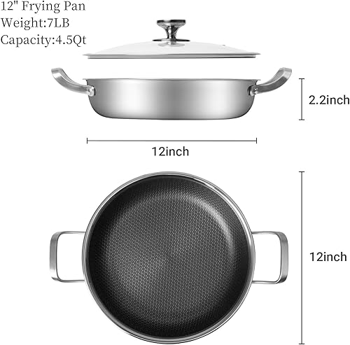 Miniatura 2 de Sartén antiadherente de acero inoxidable de 12 pulgadas con mango de enfriamiento y tapa de vidrio para inducción, gas, cerámica y eléctricas