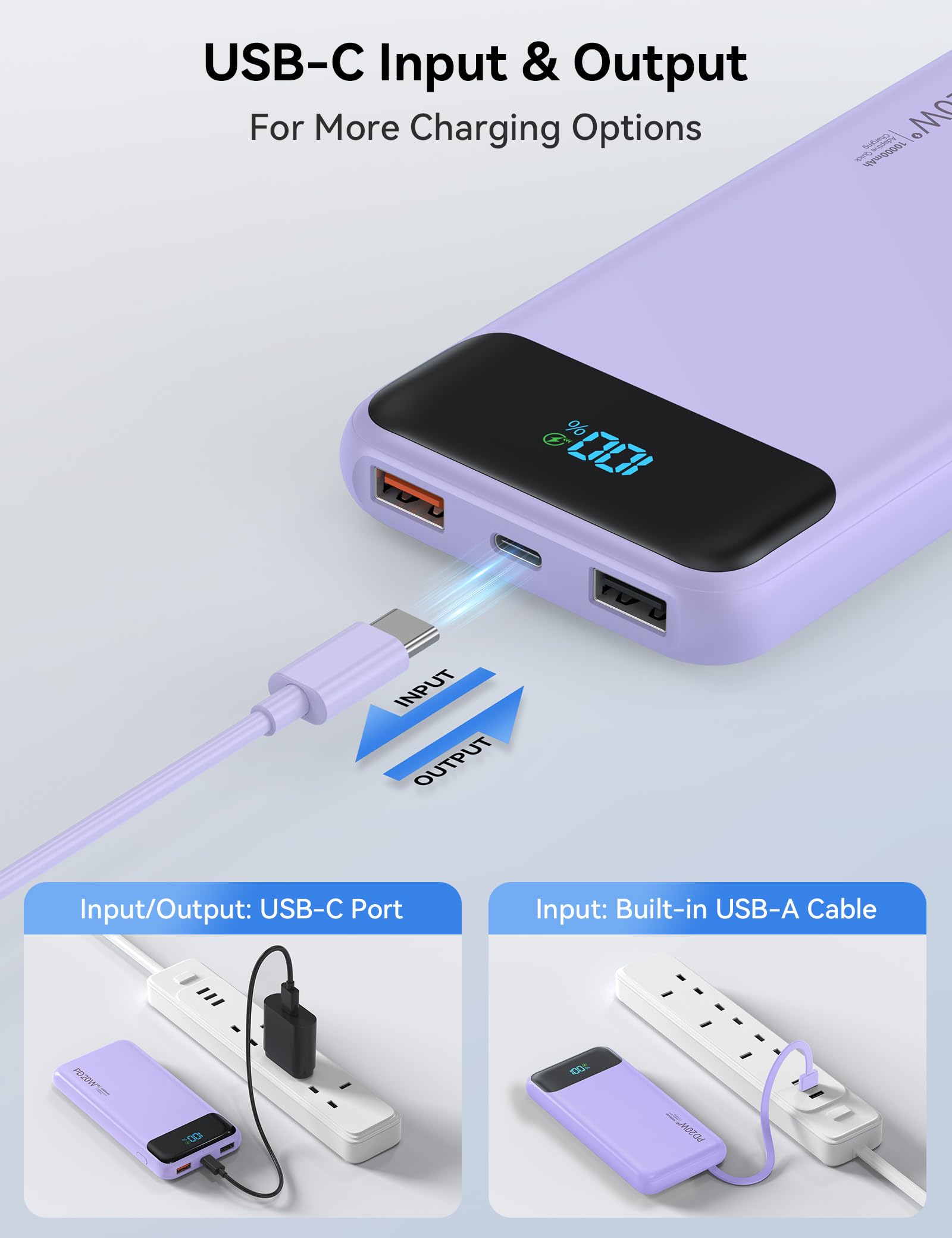 Caricabatterie portatile da 10000 mAh integrato con 4 cavi, ricarica rapida USB C Power Bank da 22,5 W, batteria a 6 uscite, caricabatterie per telefono essenziale da viaggio con display a LED