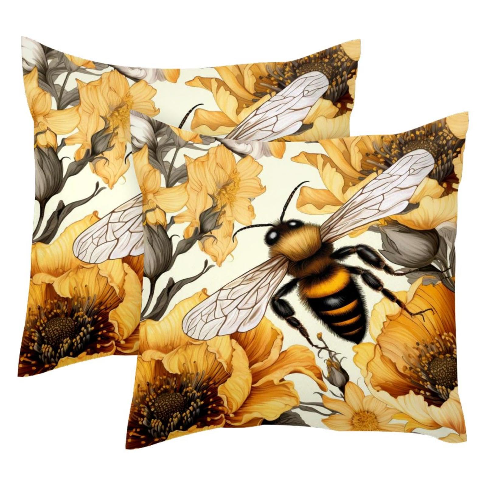 Housses de coussin en velours 50x50 cm motif abeille | Lot de 2 taies douces jaunes et noires