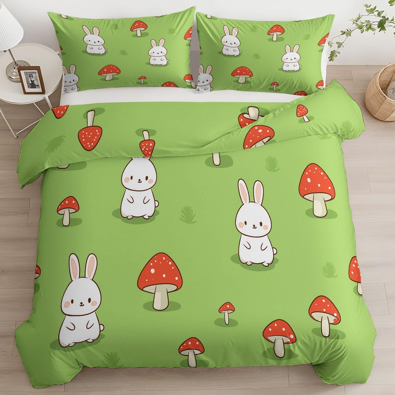 Parure de lit adulte 90x190 cm vert sauge imprimé lapins avec taie d'oreiller