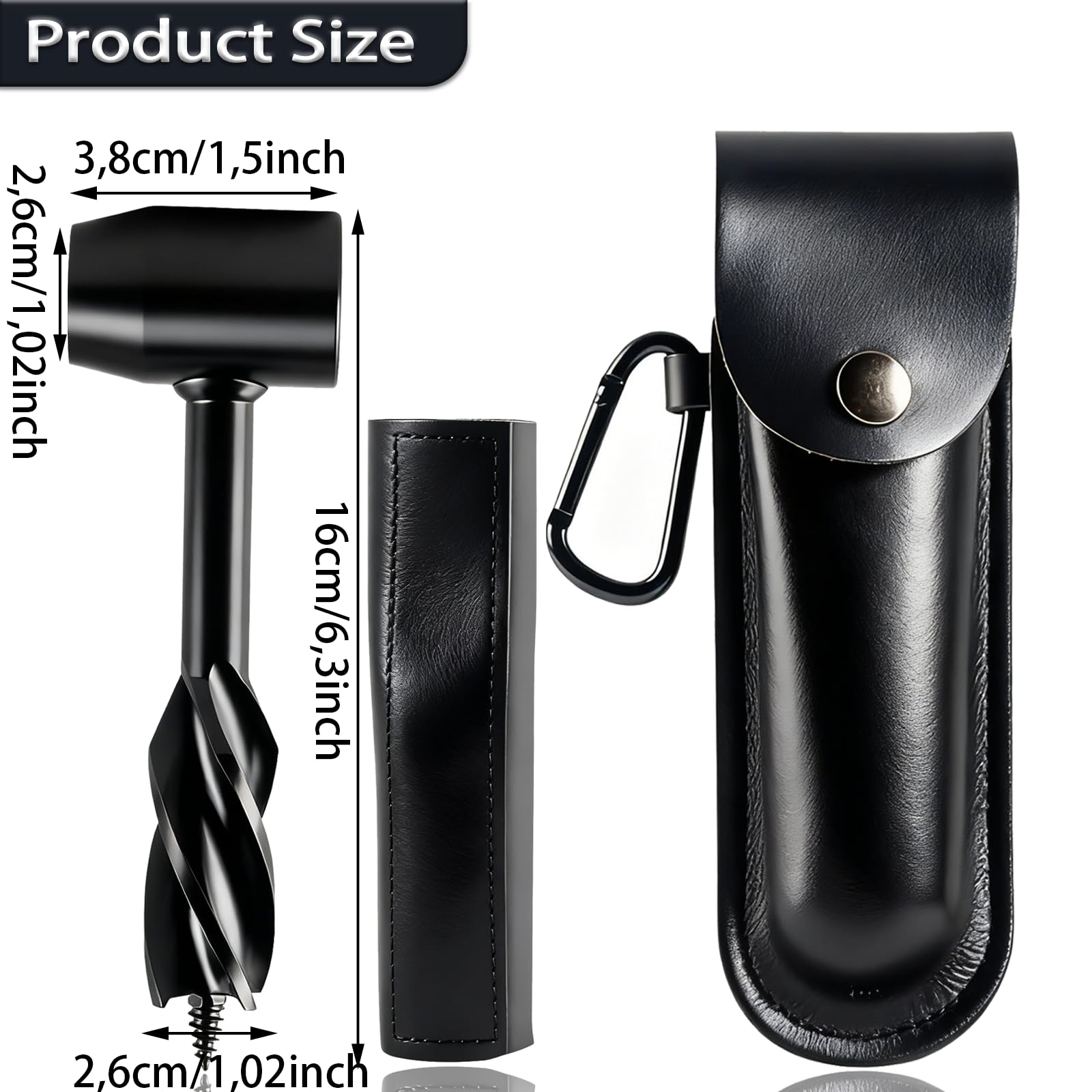 WhaleO Tariere Manuelle Bois avec Étui en Cuir Tarière Manuelle Polyvalente Scie a Main a Chaine et Gants de Travail Outil de Survie pour la Randonnée, le Camping et les Aventures, Bushcraft, Noir