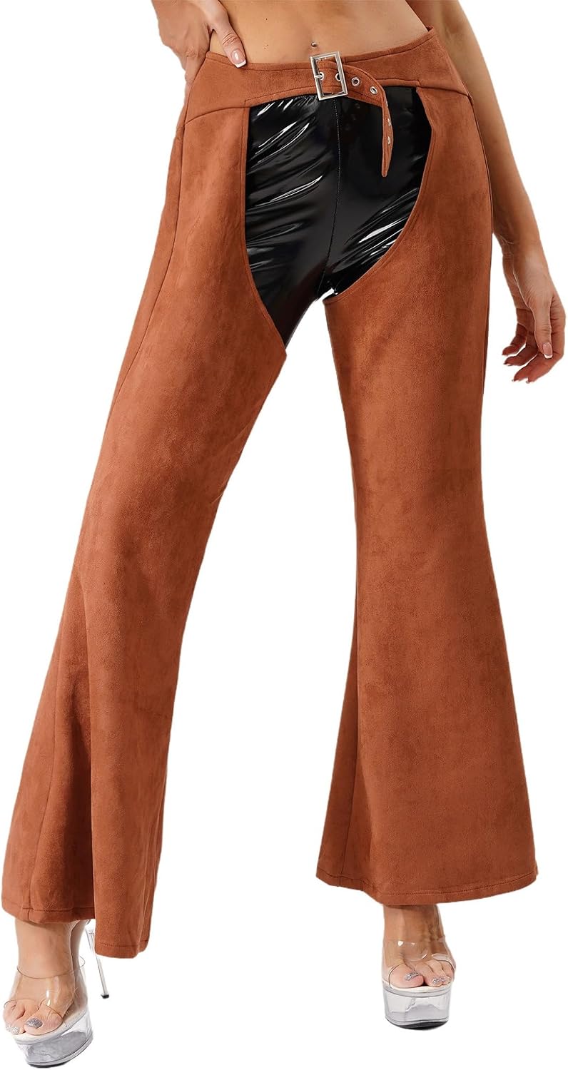 Womens Western Faux Suede Hollow Out Trousers Wide Leg Long Pants Halloween Cowgirl Costumes