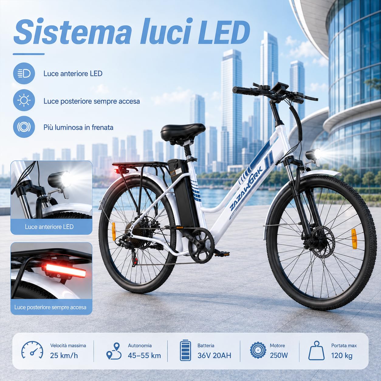 Bici Elettrica Uomo Donna 26 Pollici, E-Bike City con Motore 250W e Batteria 36V 20Ah, Autonomia 120km, Cambio 7 Velocità, Freni a Disco, Bicicletta Elettrica Economica