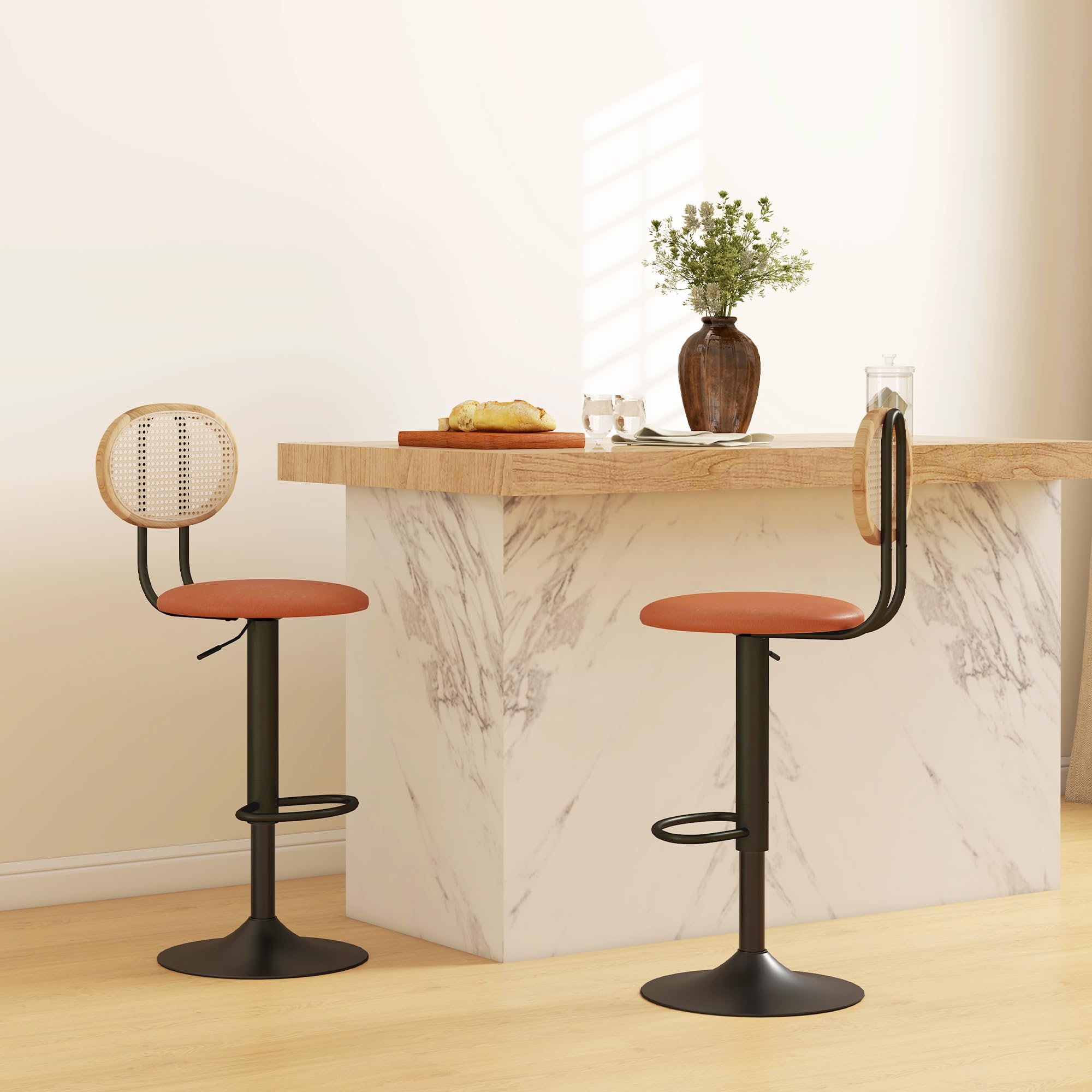 HOMCOM Lot de 2 Tabourets de Bar Hauteur Réglable Dossier Rotin Marron