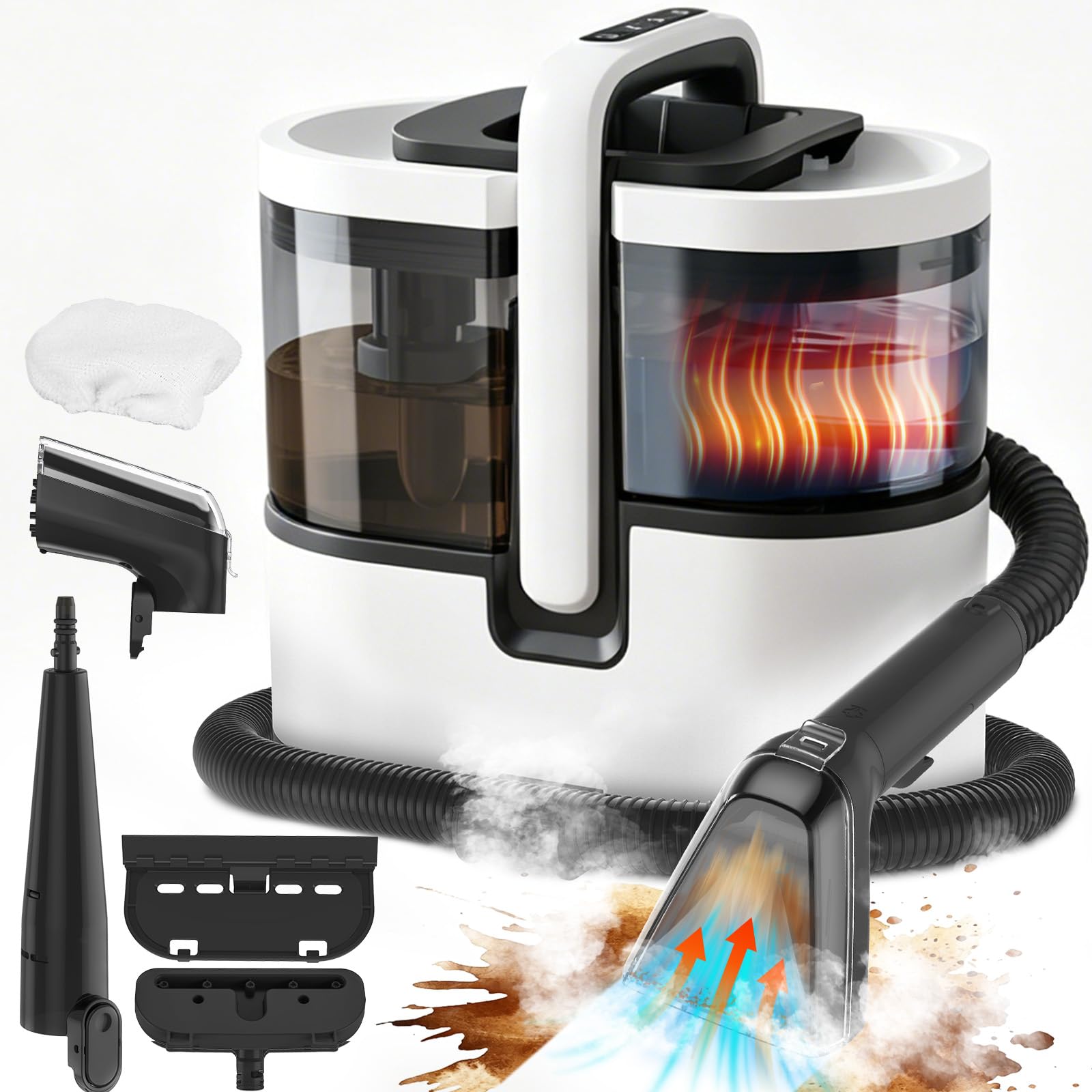 HJH Polsterreiniger Gerät Teppichreiniger 1800W, 100°C Steam Cleaner Schnellheizung, 18Kpa Nasssauger mit Starker Saugkraft, Tragbarer Dampfreiniger für Sofa, Teppich, Polster, Vorhänge, Autositz
