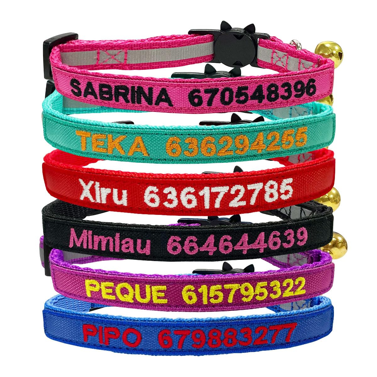 Collar personalizado para gato, collar de identificación para gato de nailon con cierre de seguridad bordado con nombre de mascota y número de teléfono, collar ajustable con campana (hebilla con