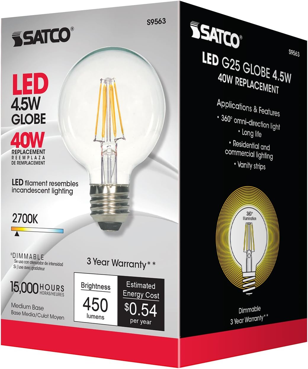 Satco S9563 G25 LED Clear Medium Base Light Bulb, 4.5W