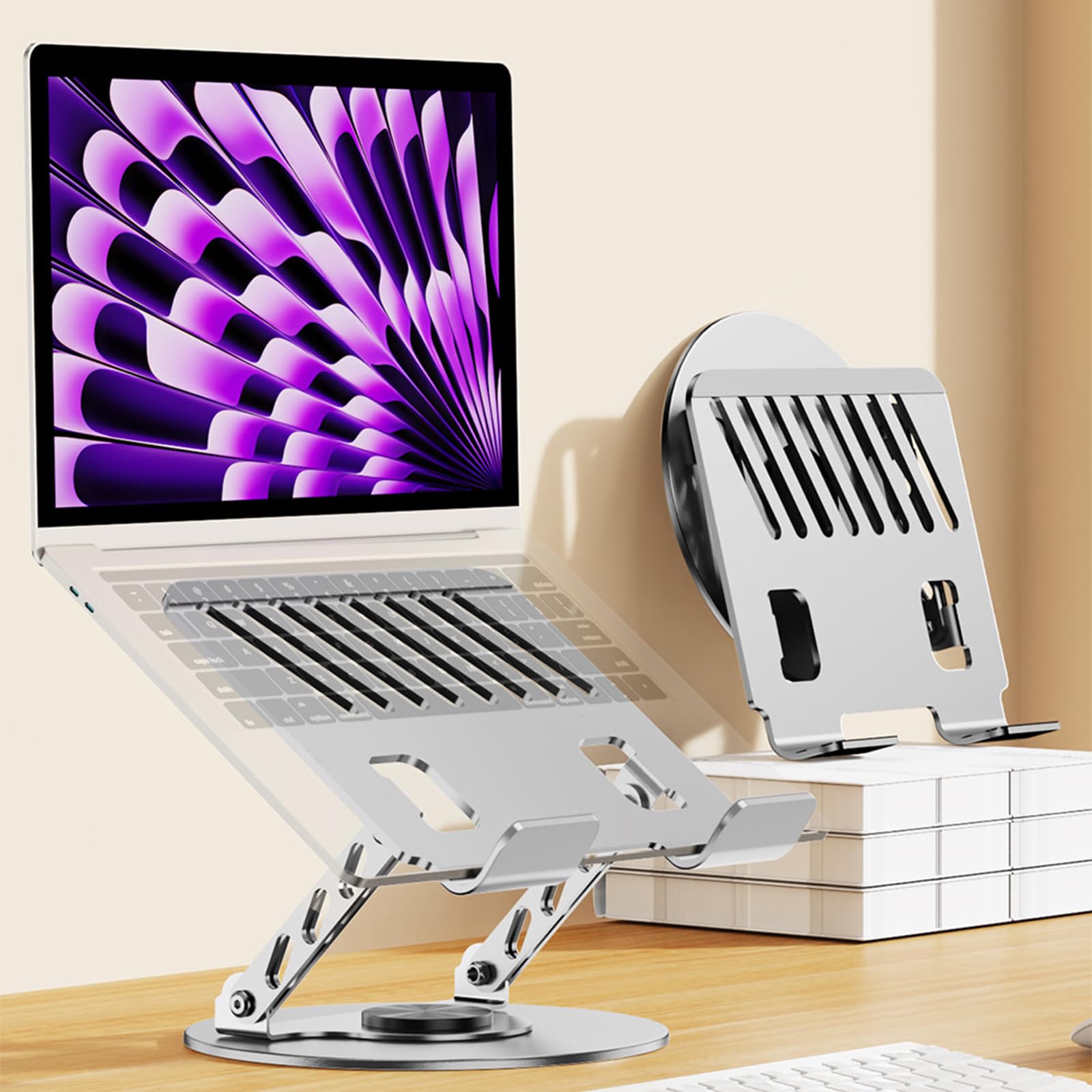 Supporto per laptop salvaspazio con rotazione a 360° Struttura pieghevole in acciaio carbonio Piattaforma raffreddamento desktop regolabile a due assi Supporto per laptop desktop portatile