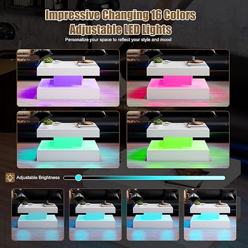 Miniatura 4 de Mesa de centro LED blanca con almacenamiento para sala de estar, moderna mesa central cuadrada alta y alta, estante de exhibición de 2 niveles, 20