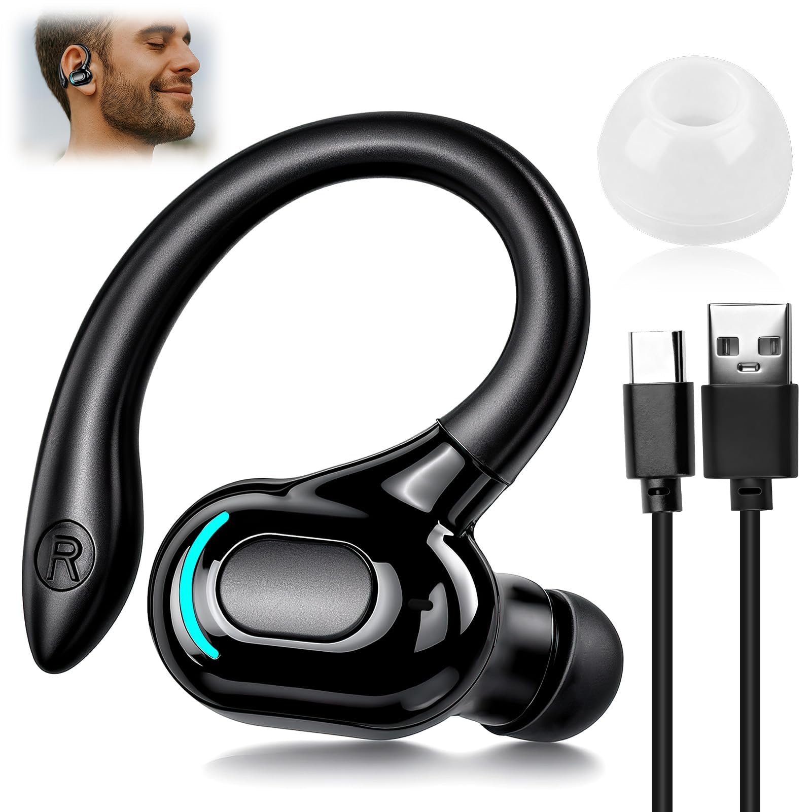 Auricolare Bluetooth senza fili V5.2 con microfono integrato Auricolare Mono Giro Orecchino 360° 20h di Lettura per iPhone Android PC Desktop Guida Affari Sport Riduzione del Rumore (nero)