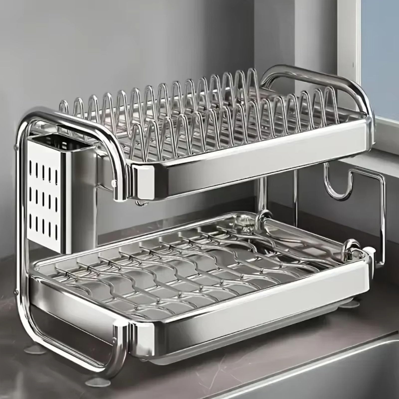 Organizador de cocina en forma de C de 2 capas con escurreplatos integrado para utensilios y almacenamiento de tabla de bambú. Estructura de metal robusta Soporte de vajilla multifuncional con tabla