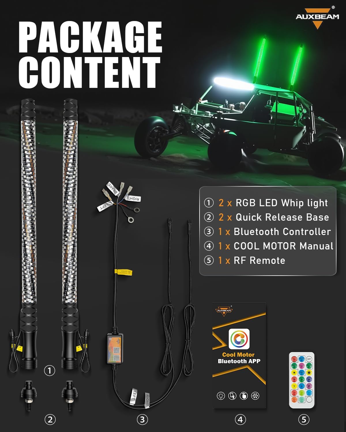 Auxbeam 2PCS 2.2FT RGB LED Whip Lights, Bluetooth APP & Remote Control Fat Whip Lights w/Brake and Turn Signal Light, Compatible with Side by Side UTV ATV RZR SXS Boat, Waterproof, 1-Year Warranty