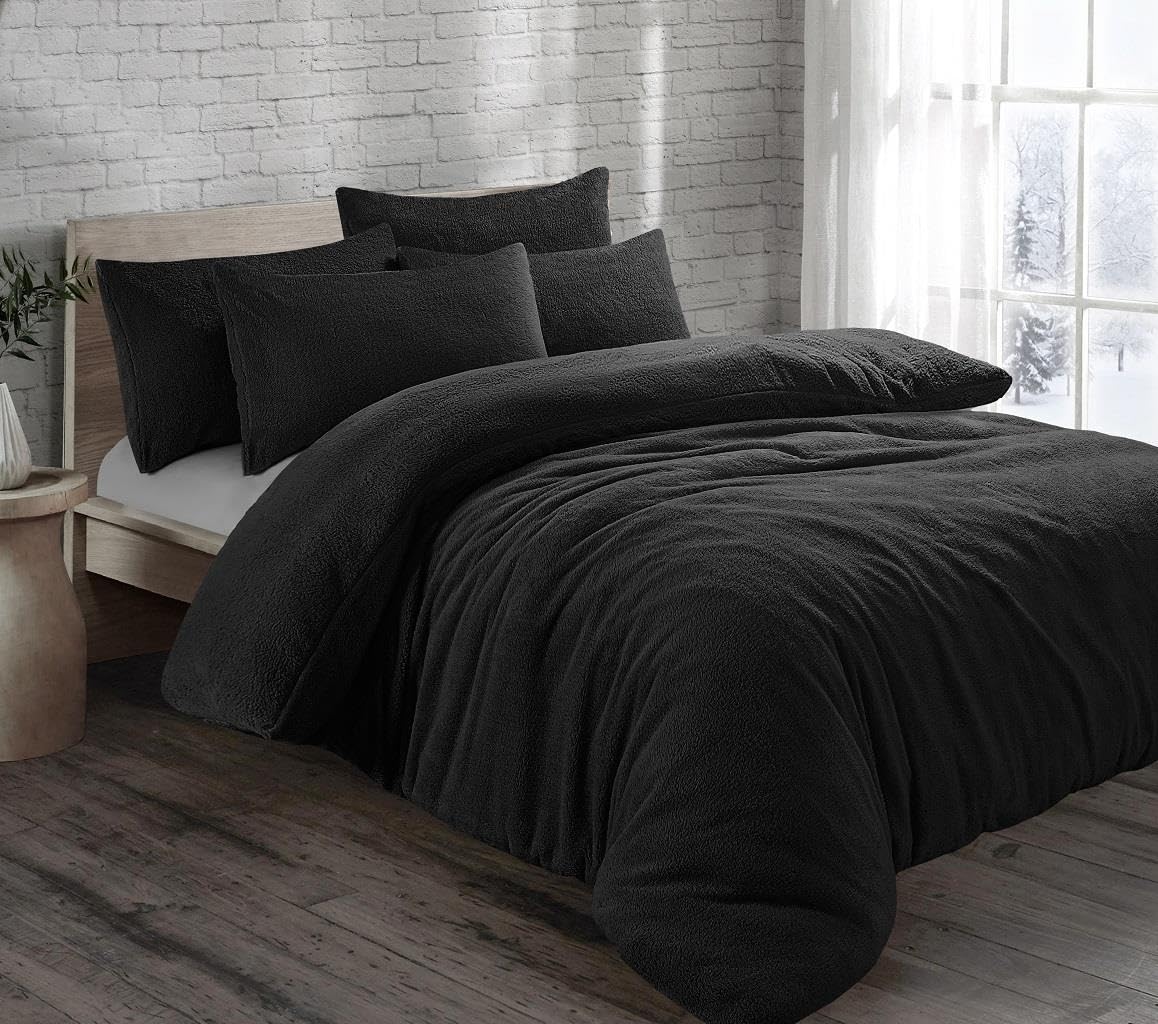Kampala Hill (King, Black) Teddy Bear Fleece Duvet Cover Set Bedding Warm Winter
