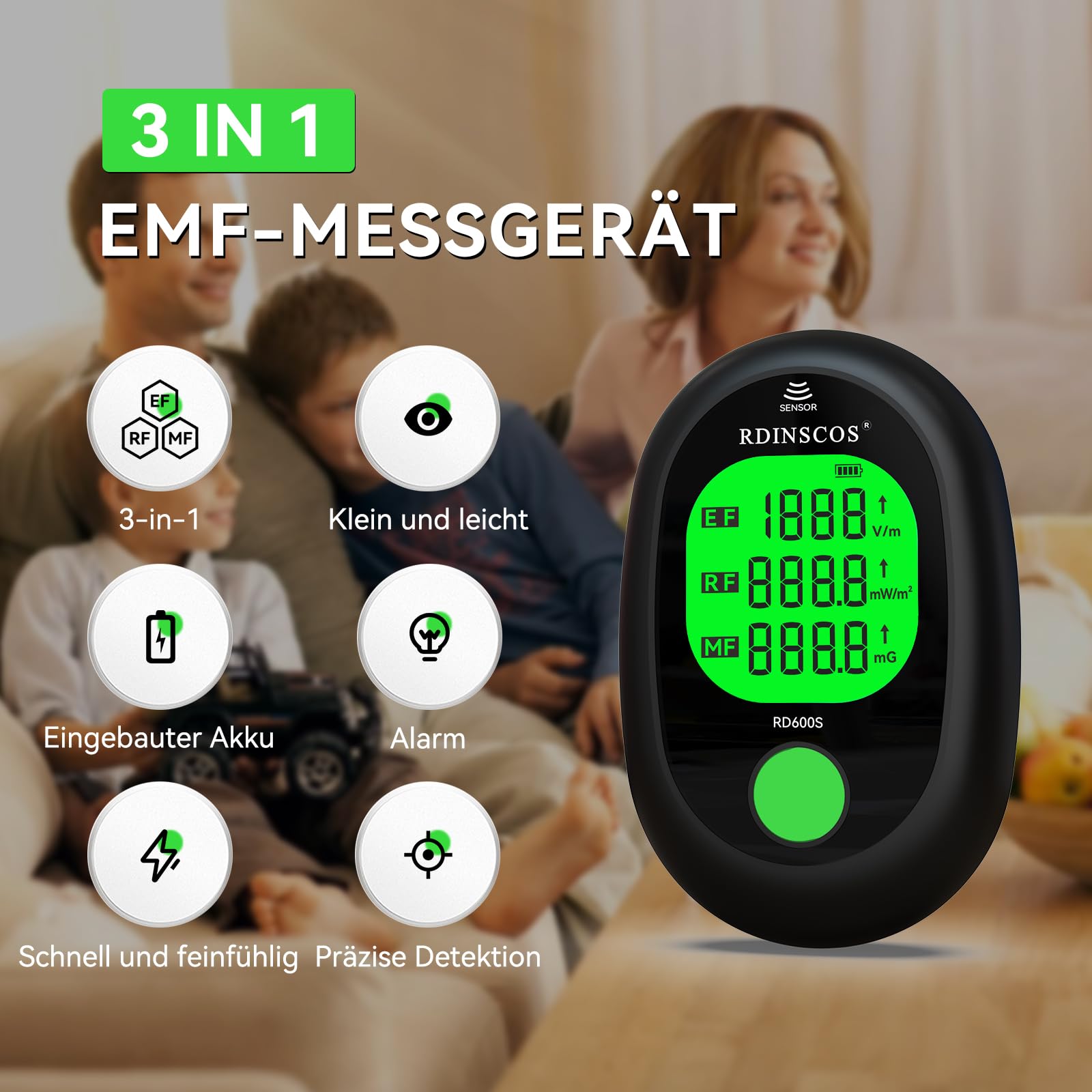 EMF Messgerät Elektrosmog Strahlenmessgerät – Tragbarer EMF Detektor mit 3-Farben LCD, Wiederaufladbar für Zuhause, Büro & Outdoor