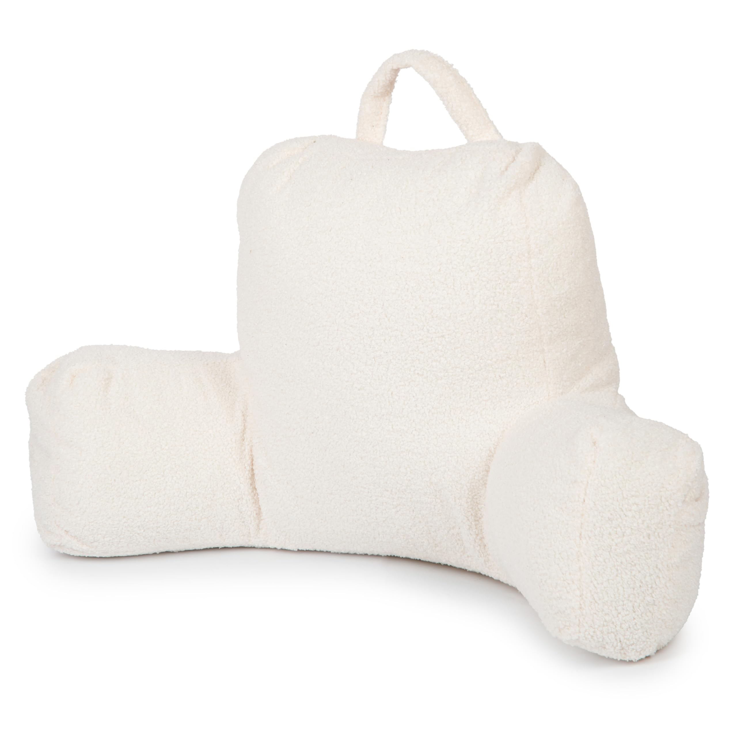 Flumi Rückenlehnenkissen mit Armlehnen zum Lesen Fernsehen oder Entspannen, Lesekissen für Bett und Sofa mit Waschbar Bezug Bettauflage Foam Füllung, Rückenstütze mit Tragegriff (Boucle Beige)