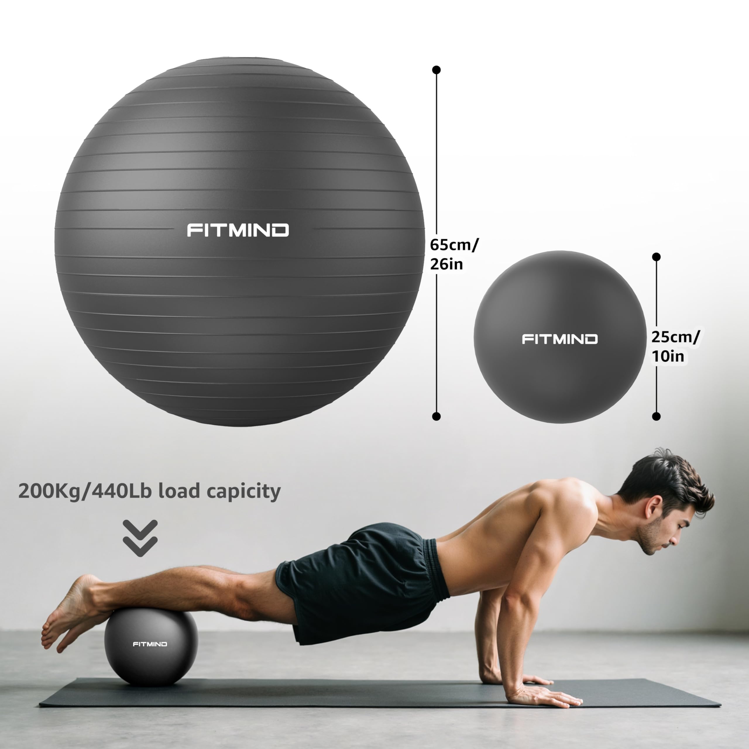 Juego de pelotas de yoga de 65 cm y 25 cm (negro)