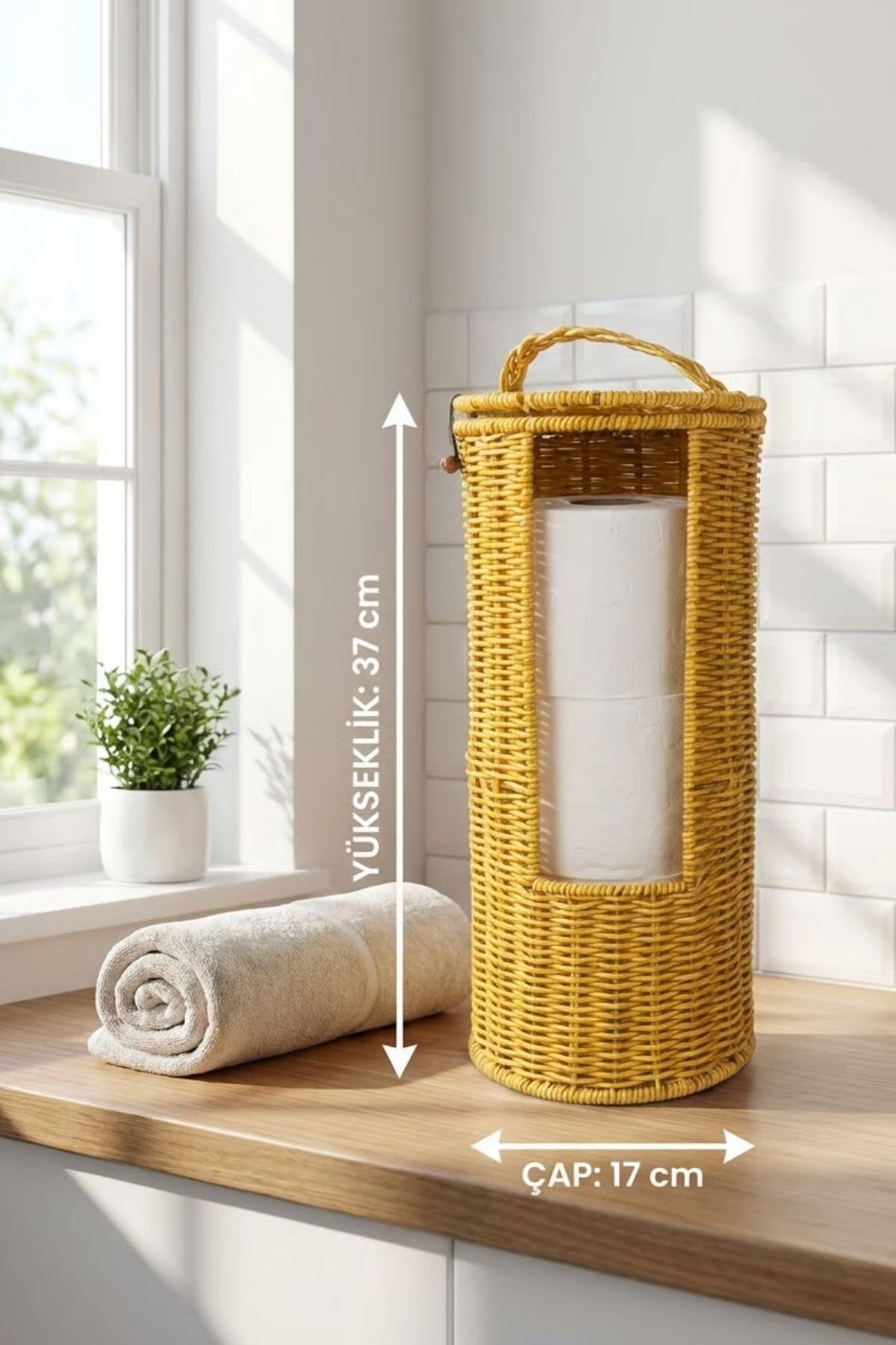 BUFFER Hasır Görünümlü Plastik Rattan Tuvalet Kağıdı Standı, Askılı Kapaklı WC Kağıtlık, Yedekli Banyo Organizer, 37x17 cm