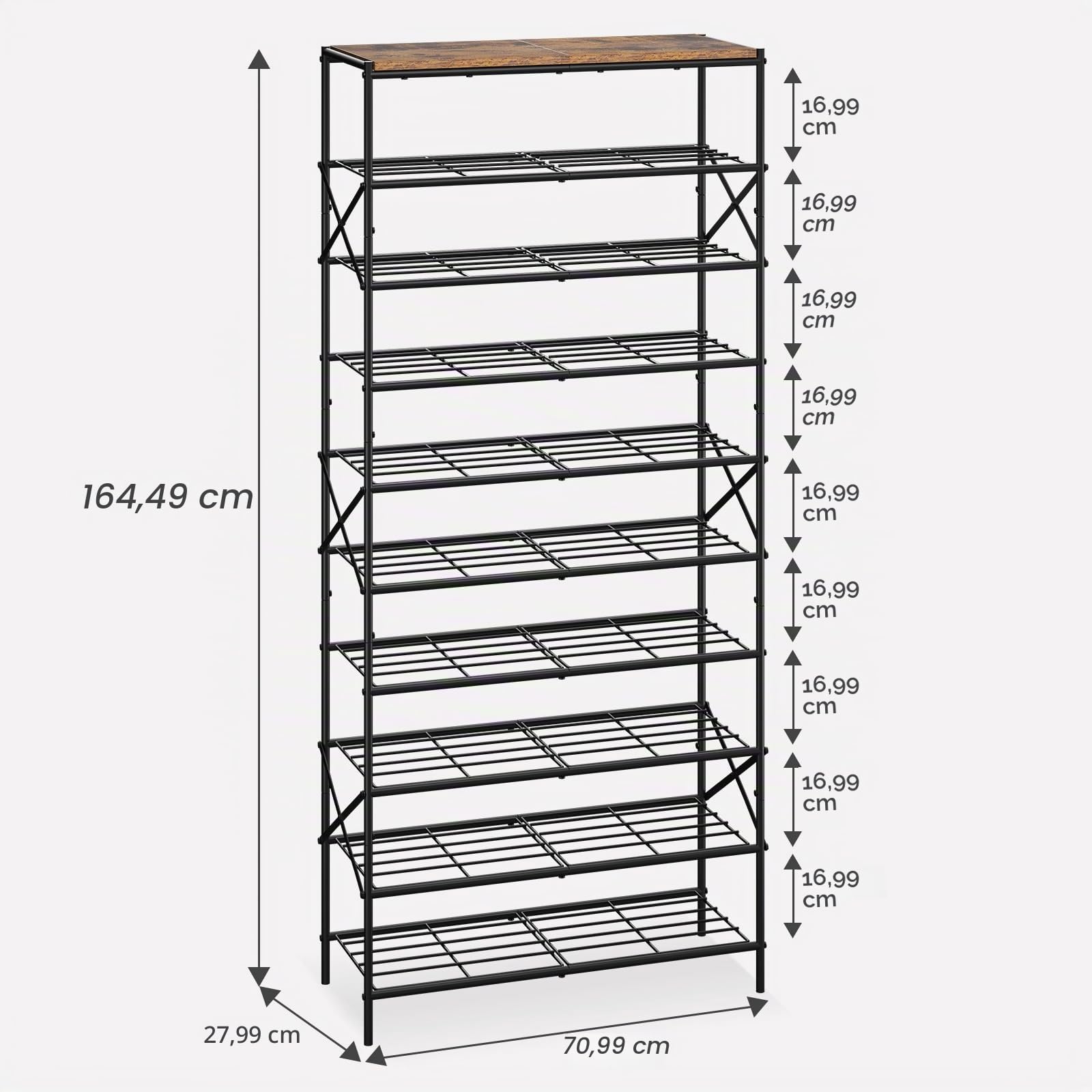 IBUYKE Zapatero con 10 Niveles, Gran Capacidad Estantería para Zapatos para 40 Pares de Zapatos, Organizador de Zapatos de Metal para Entrada Pasillo Sala de Estar, Marrón Rústico y Negro TXJ010H