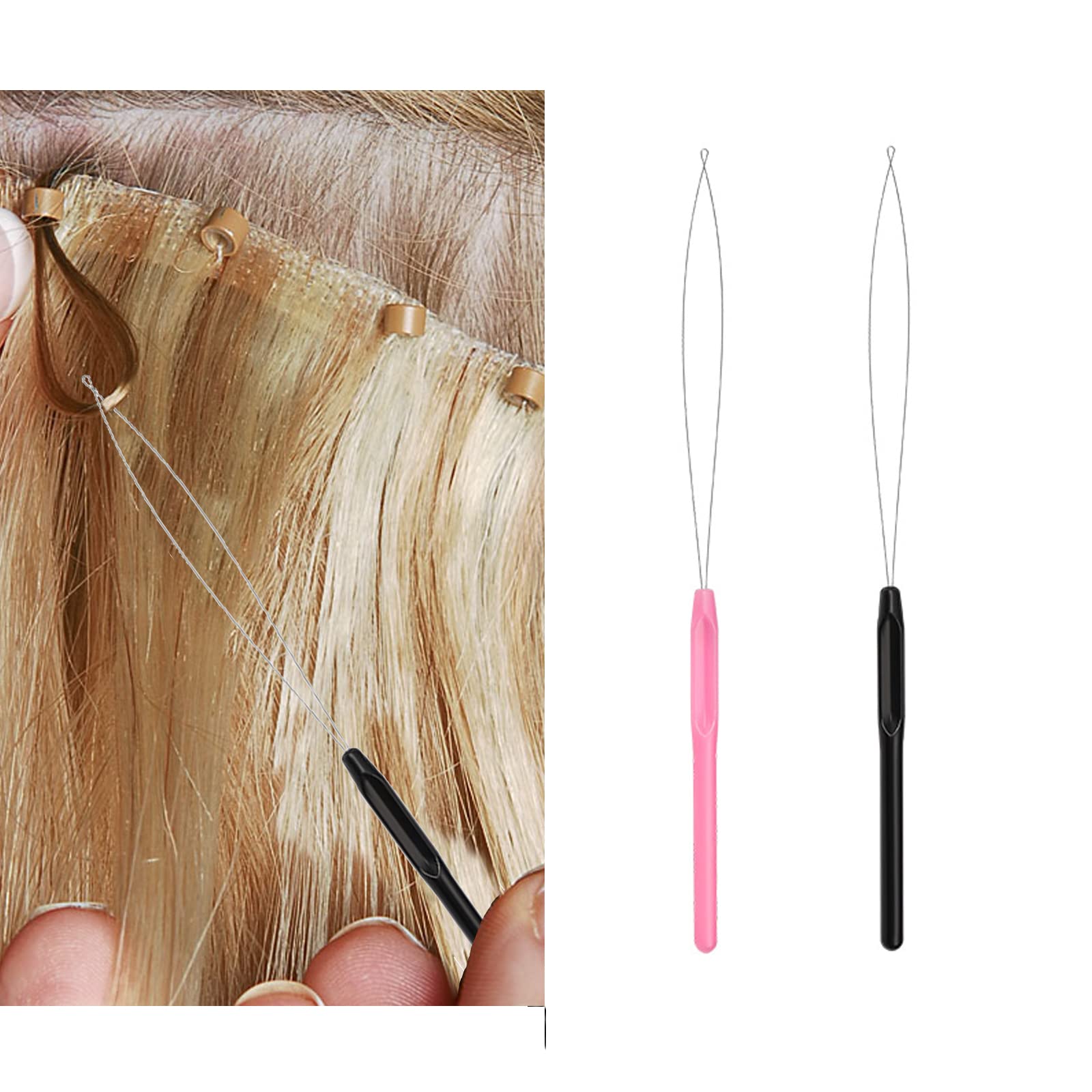 2 PCS Hair Extension Needle Loop Threader Pulling Hook Tool and Bead Device Hair Extension Loop Tools
