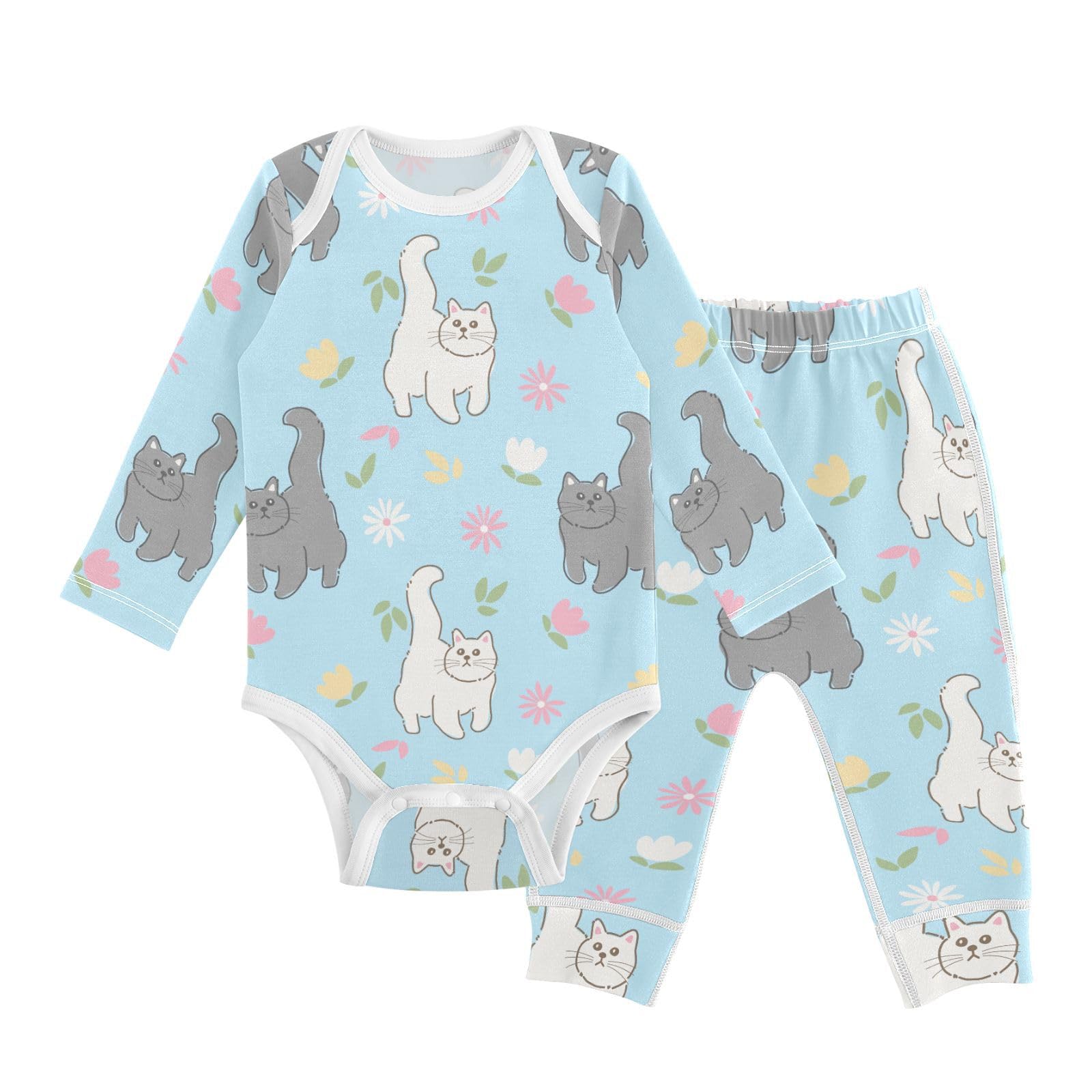 vvfelixl Baby Bodysuits Pants Sets Cat Leaves Flowers Baby Bodysuit Long Sleeve Baby Clothes for Boys Girls 12-18M