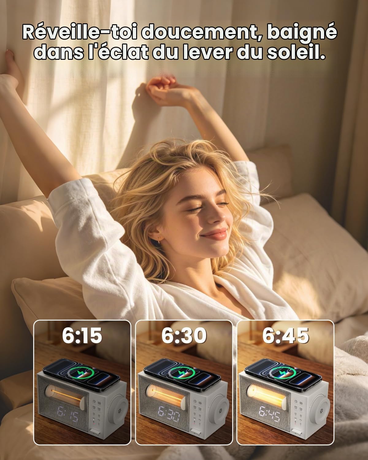 Lampe de Chevet 3 en 1 avec Chargeur sans Fil et Réveil Lumineux – Station d’Accueil pour iPhone, Veilleuse avec 20 Sons Apaisants, Simulateur d’Aube pour Chambre, Bureau et Table de Nuit