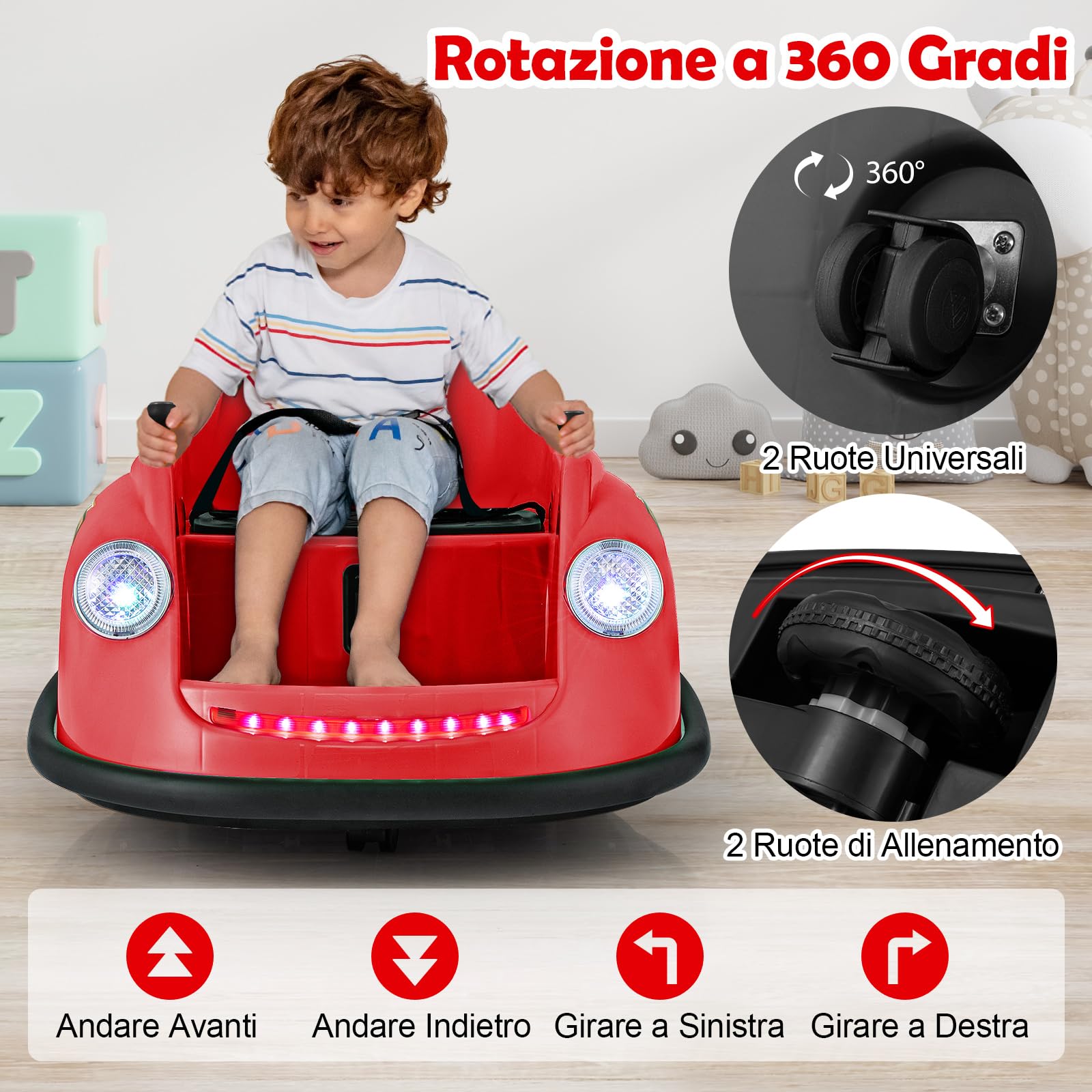 COSTWAY 12V Auto Elettrica per Bambini con Telecomando, Autoscontro Elettrico con Luci LED Musica e Rotazione a 360°, Macchina Cavalcabile per Bambini 2-5 Anni (Rosso)