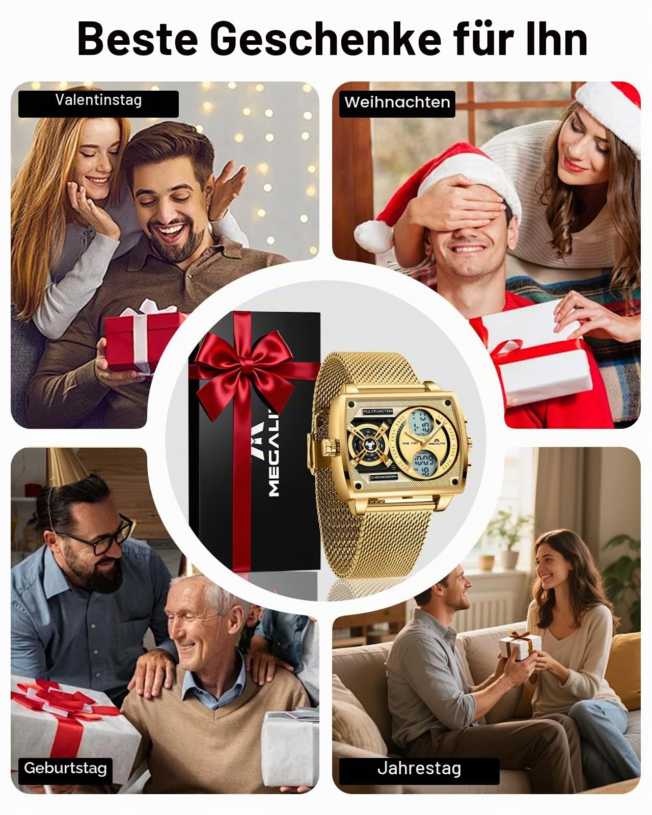 MEGALITH Herren Uhr Digital Analog: Multi-Zeitzone Arbeits Armbanduhr mit Groß Zifferblatt Quadratisch - Stilvoll Geschenke für Business Männer Jubiläum Geburtstag