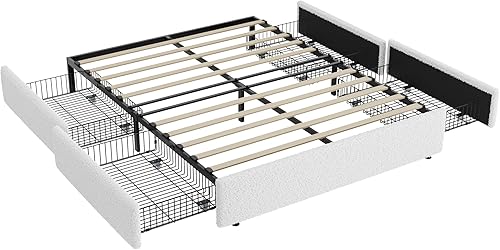 Miniatura 9 de Allewie Base de cama tamaño Queen con 4 cajones de almacenamiento de gran tamaño, tela de peluche suave, cama de plataforma tapizada Boucle, soporte