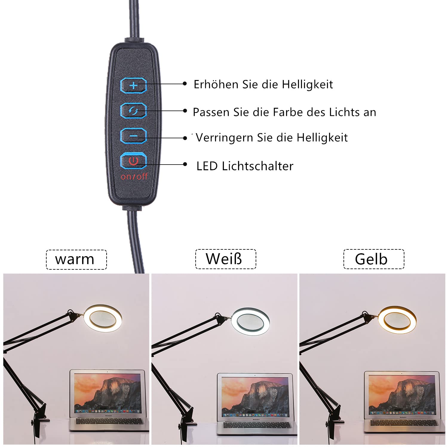 LED Lupenleuchte it Klemme, Hancaner Arbeitsplatzlampe, Dimmbar USB Aufladen 5 Dioptrien Lupe mit Licht, Schwenkarm,3 Farbmodi, 105-mm Glaslinse für Arbeit, Lesen, Hobbys und Nähen