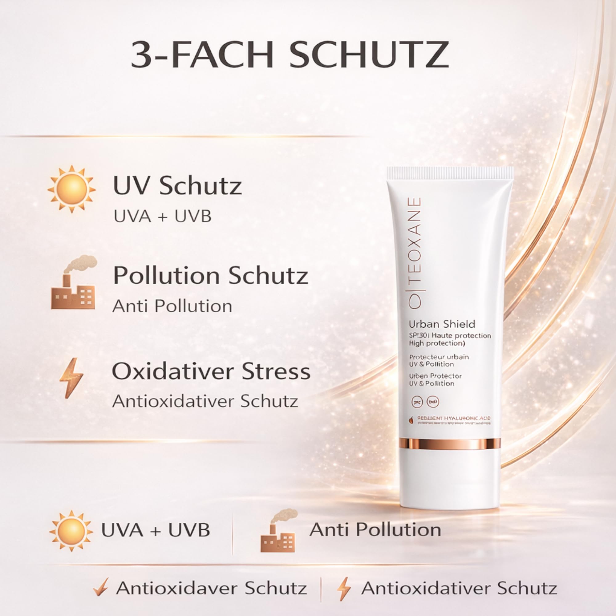 TEOXANE Urban Shield SPF 30 50 ml – Crema solar tintada para la cara con ácido hialurónico RHA, protección UVA UVB, crema de día antipolución, protector solar facial hidratante como base de maquillaje