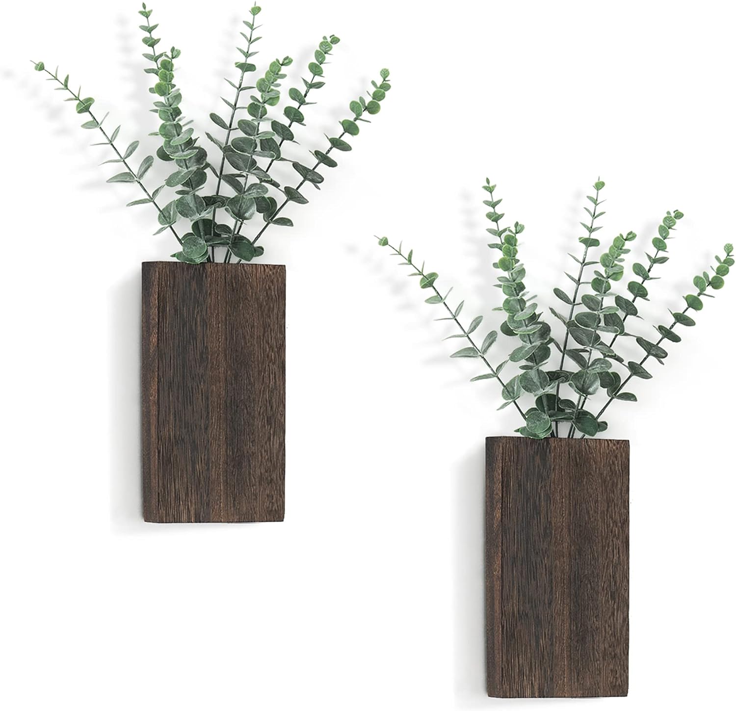 dahey 2 pack wood wall planter vase with artificial eucalyptus farmhouse wall hanging decor pocket planter for indoor fake plants greenery, living room bedroom kitchen home office decoration brown medium