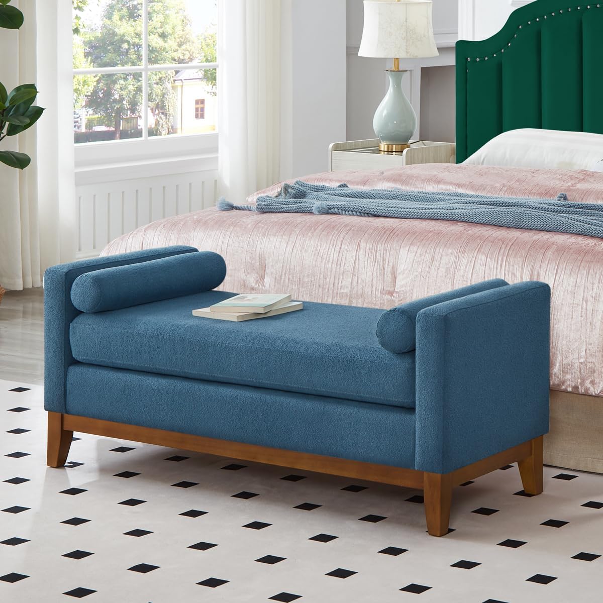 24KF Large Upholstered Boucle Fabric Ottoman with Pillows,Comfort Padded Window Bench for Living Room,Entryway Bench,5095-Navy Blue bench with armrests Navy