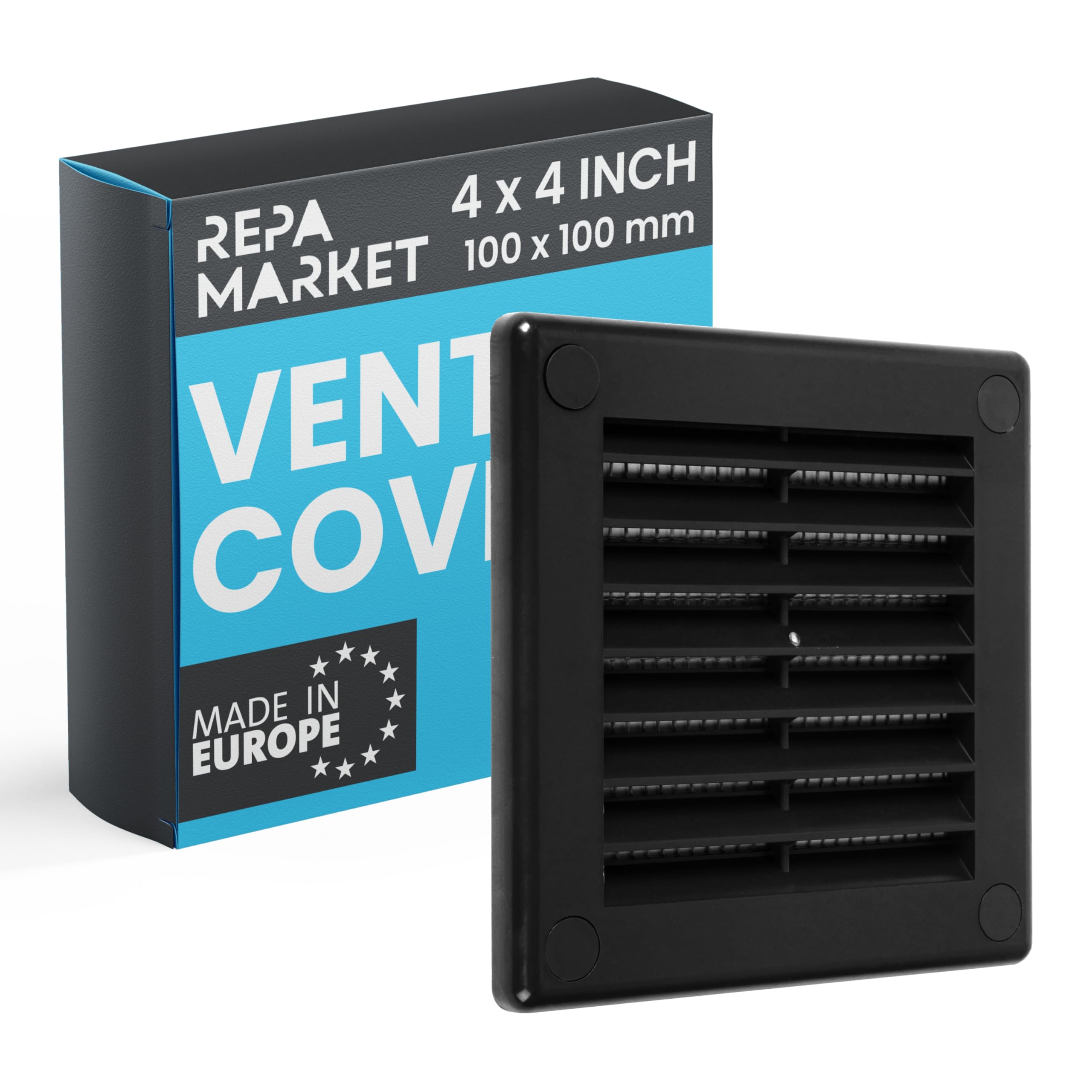 Repa Market 4 x 4 Inch / 100 x 100mm (Outer Size) Black Square Air Vent Covers for Walls - Plastic Intake Air Vents - Grill Cover w/Nylon Mesh Screen - HVAC Ceiling Ventilation Grilles