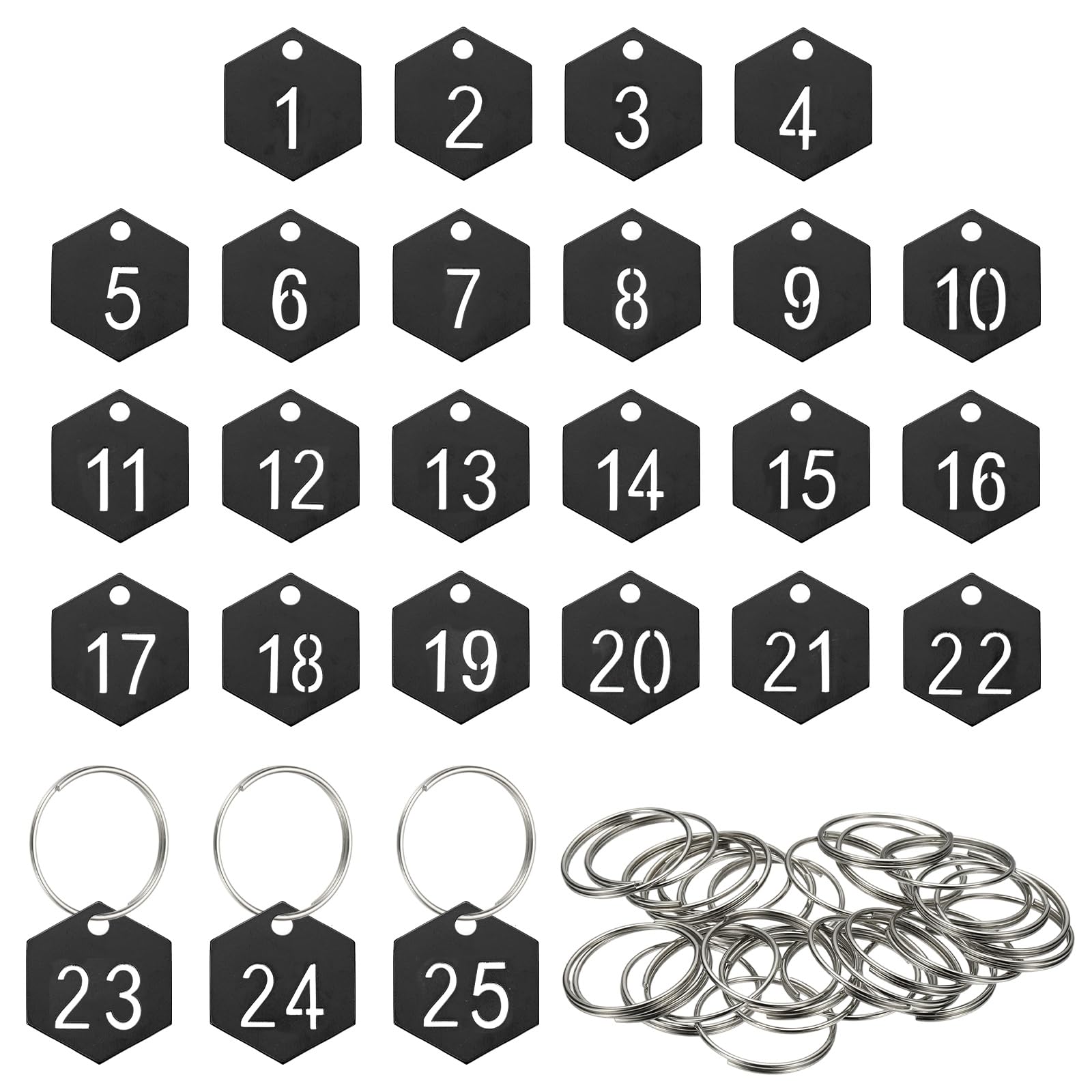 PATIKIL 25PCS Number Tags 1-25, Number Key Tags Stainless Steel Numbered Keychain Metal Sheet Plate with Key Rings for Organizer Field Sales Hangers Clothes Labels ID, Hexagon, Black