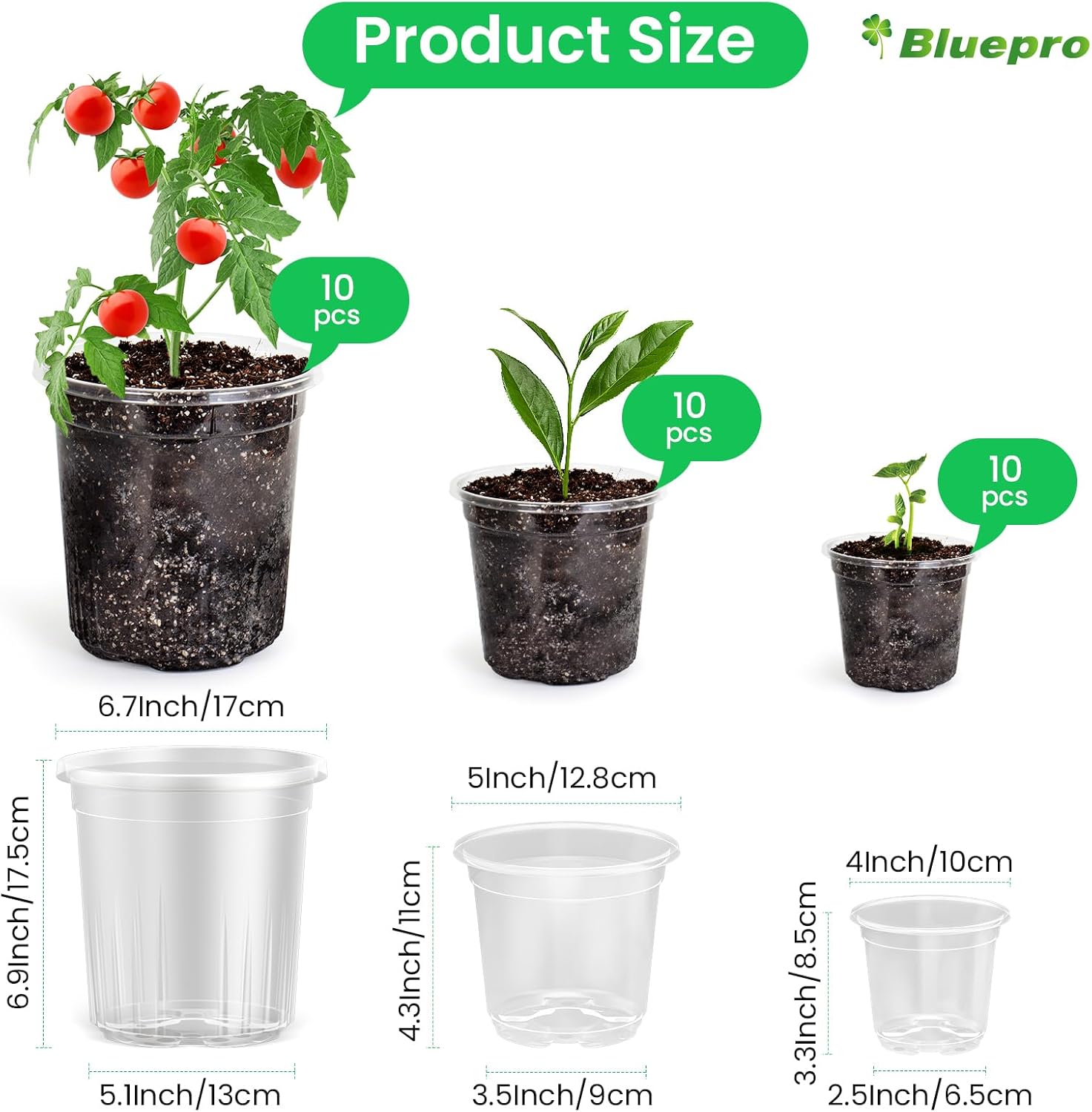 36 Packs 5/4/3.5 Inch Reinforced Clear Nursery Pots with Drainage Hole, Transparent Variety Pack Plastic Plant Pot Seedling Planter for Vegetable Propagation, Root Cutting, Seed Starting