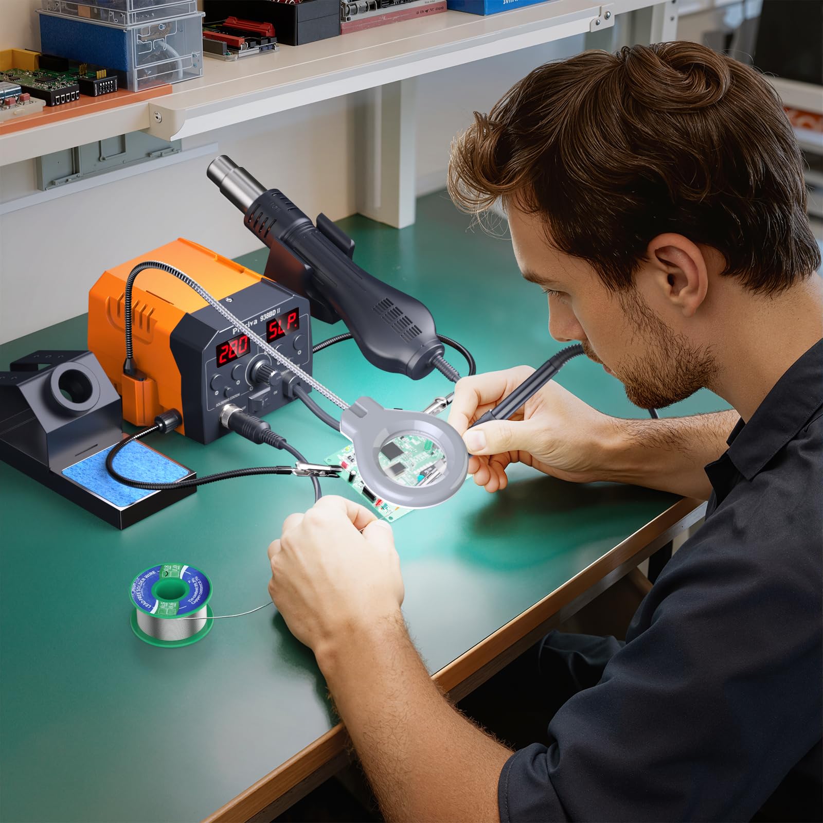 Preciva Estación de Soldadura 740W, 2 en 1 Soldador Estaño con Aire Caliente y Cautín, Doble Pantalla Digital, Función Reposo 10 Min, Lupa 5X con Luz, Pinzas Tercera Mano para Reparación Electrónica