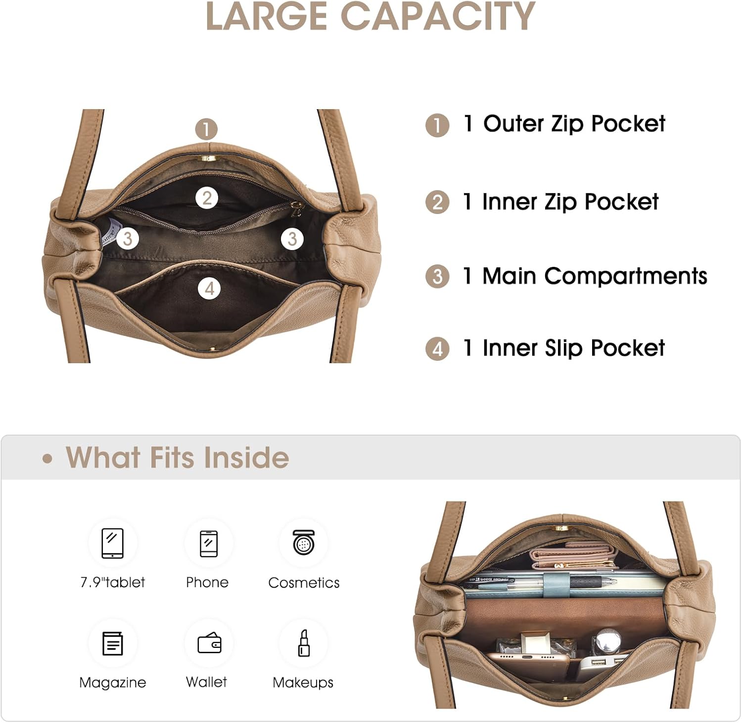 Kattee Leather Purses and Handbags for Women, Soft Genuine Leather Shoulder Hobo Bags with Top Magnetic Snap Closure - Image 5