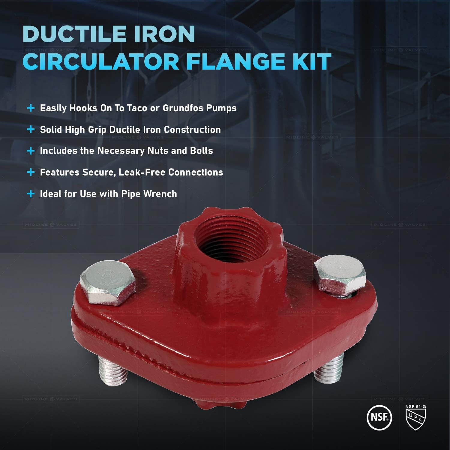 Midline Valve S1426S-5 Red Circulator Flange with Nuts and Bolts for Grundfos Pumps High Grip Ductile Iron 1 in. FIP (5 Pack)